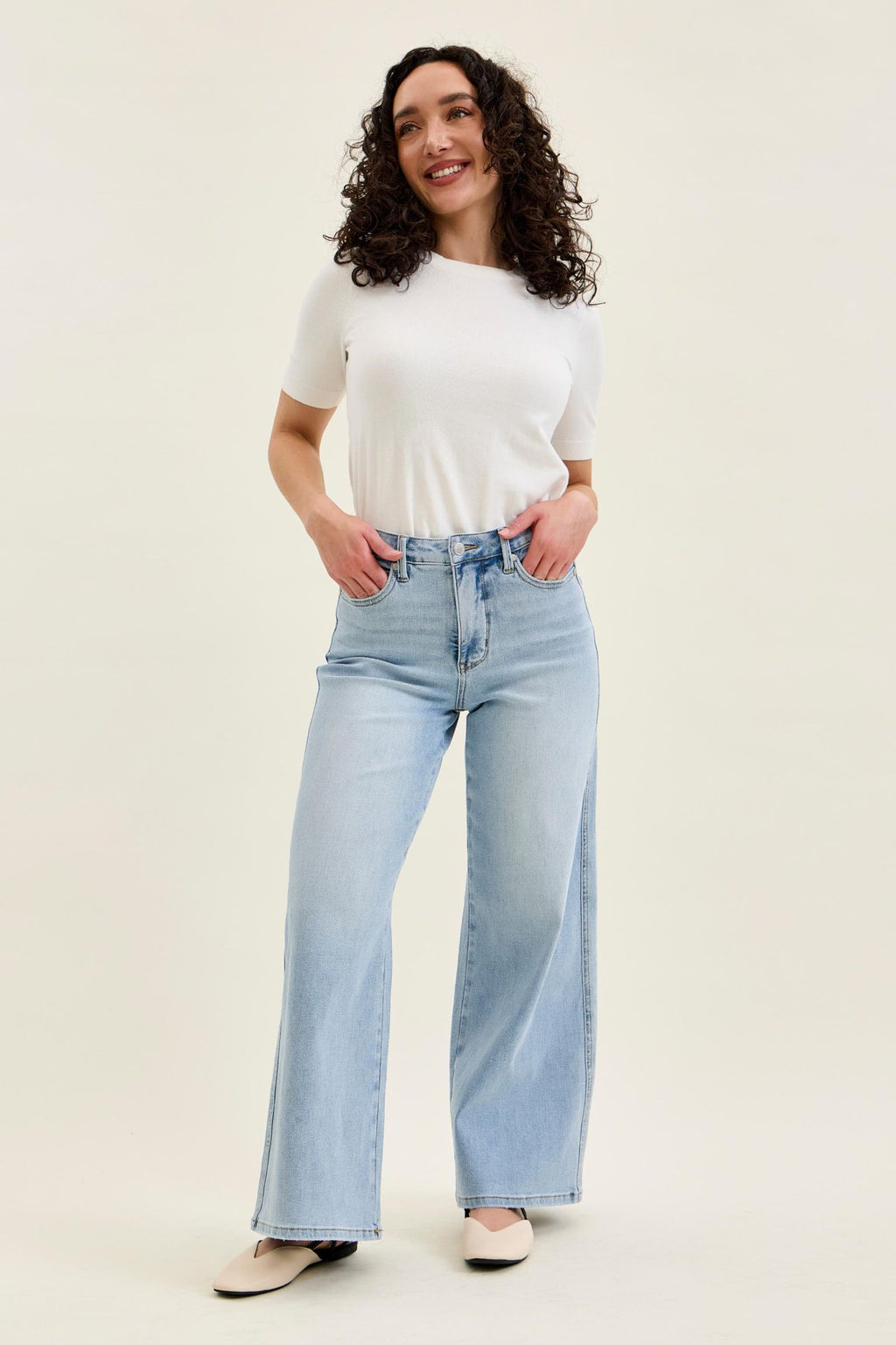 Judy Blue High Waist Tummy Control Light Wash Retro Wide - Petite 30"