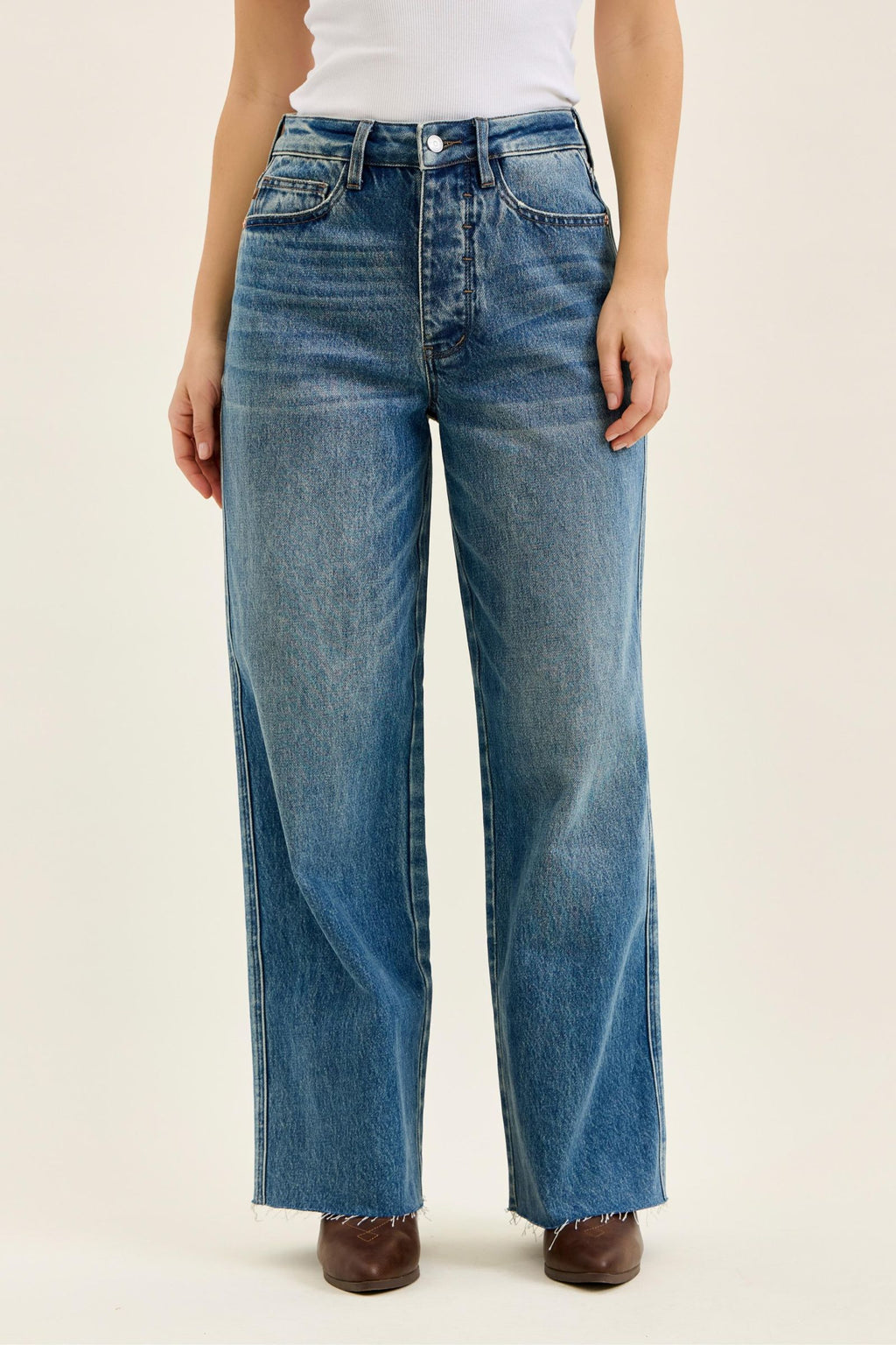 Judy Blue High Waist Vintage Indigo Wilhelmina Baggy Jeans – Rigid Magic Denim, Raw Hem, Relaxed Wide Leg Fit