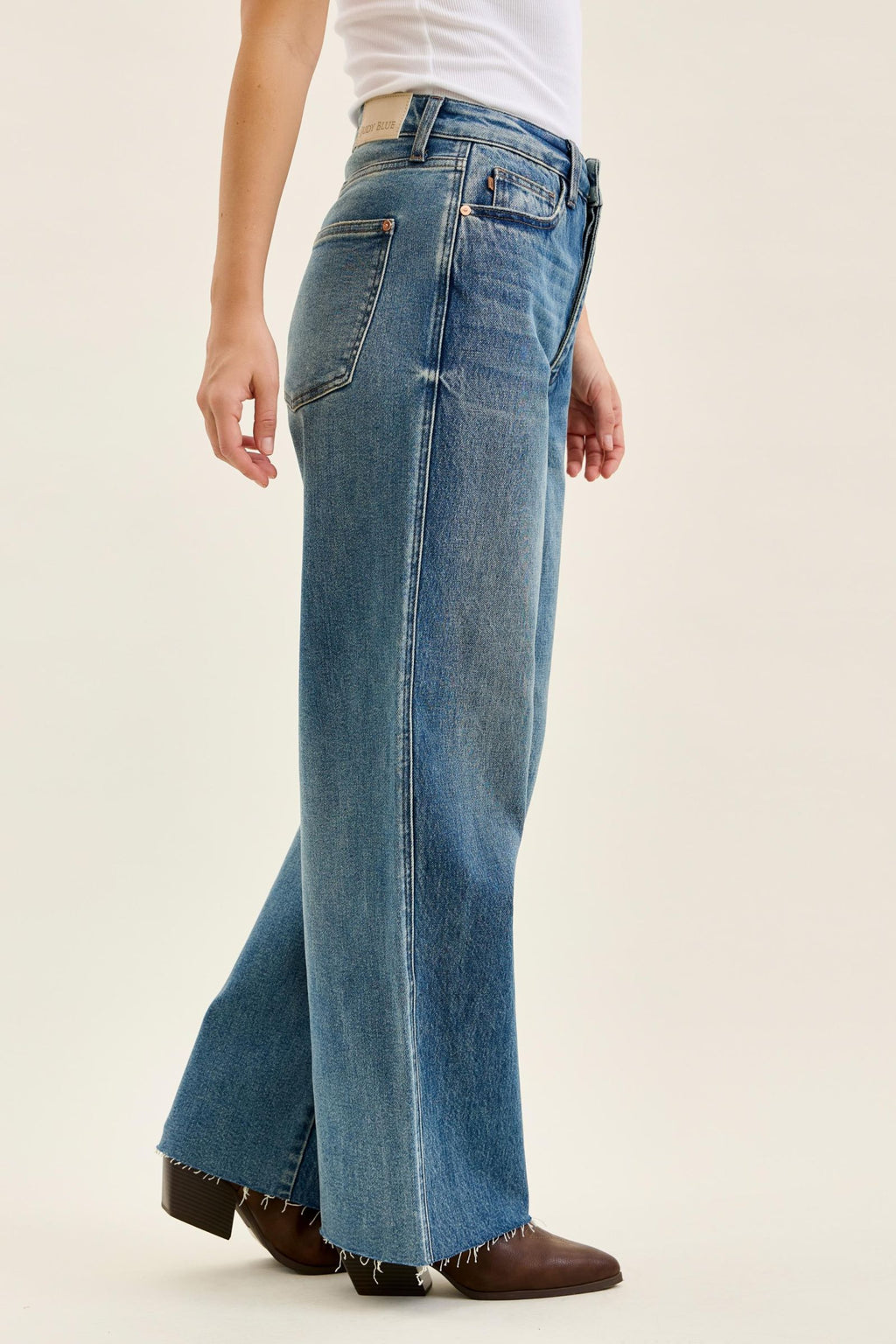 Judy Blue High Waist Vintage Indigo Wilhelmina Baggy Jeans – Rigid Magic Denim, Raw Hem, Relaxed Wide Leg Fit