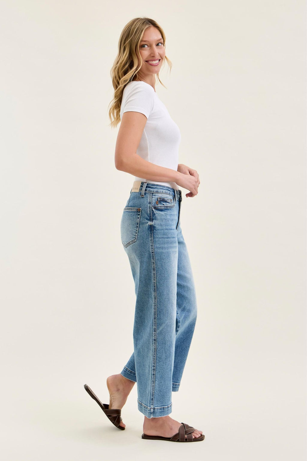 Judy Blue Mid Rise Vintage Indigo Ankle Wide with Back Darts and Bandana Loop, Inseam 28"