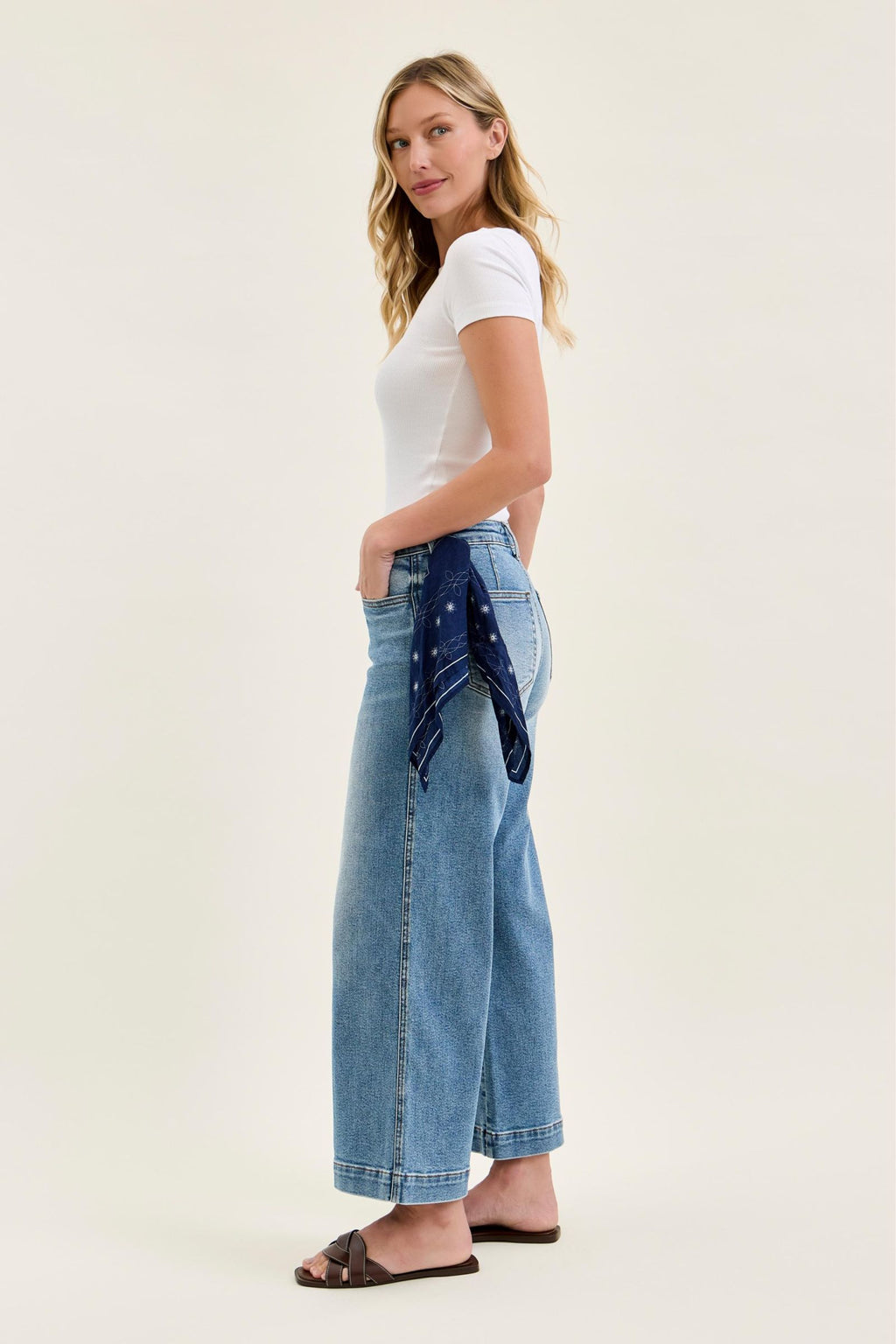 Judy Blue Mid Rise Vintage Indigo Ankle Wide with Back Darts and Bandana Loop, Inseam 28"