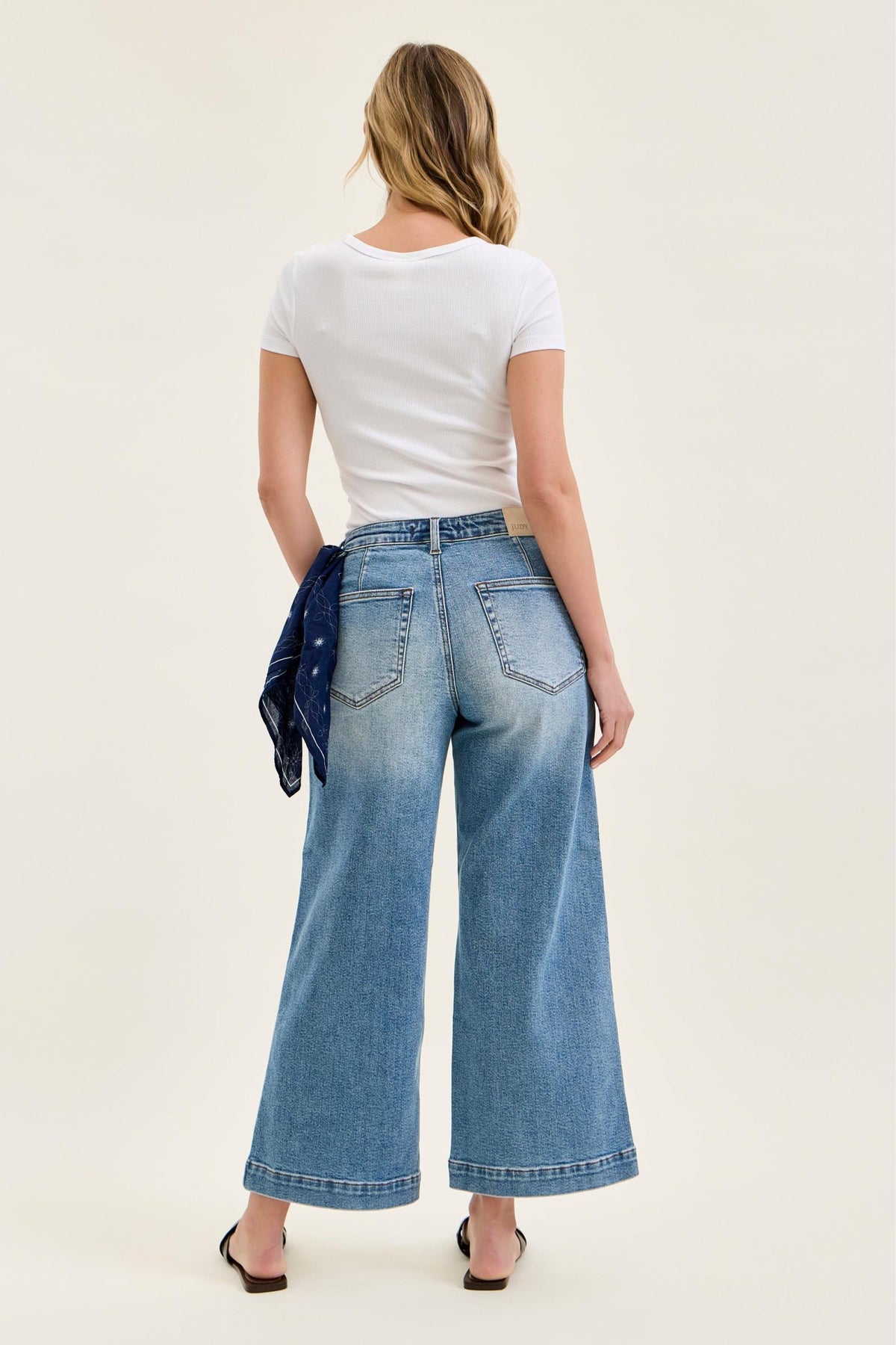 Judy Blue Mid Rise Vintage Indigo Ankle Wide with Back Darts and Bandana Loop, Inseam 28"