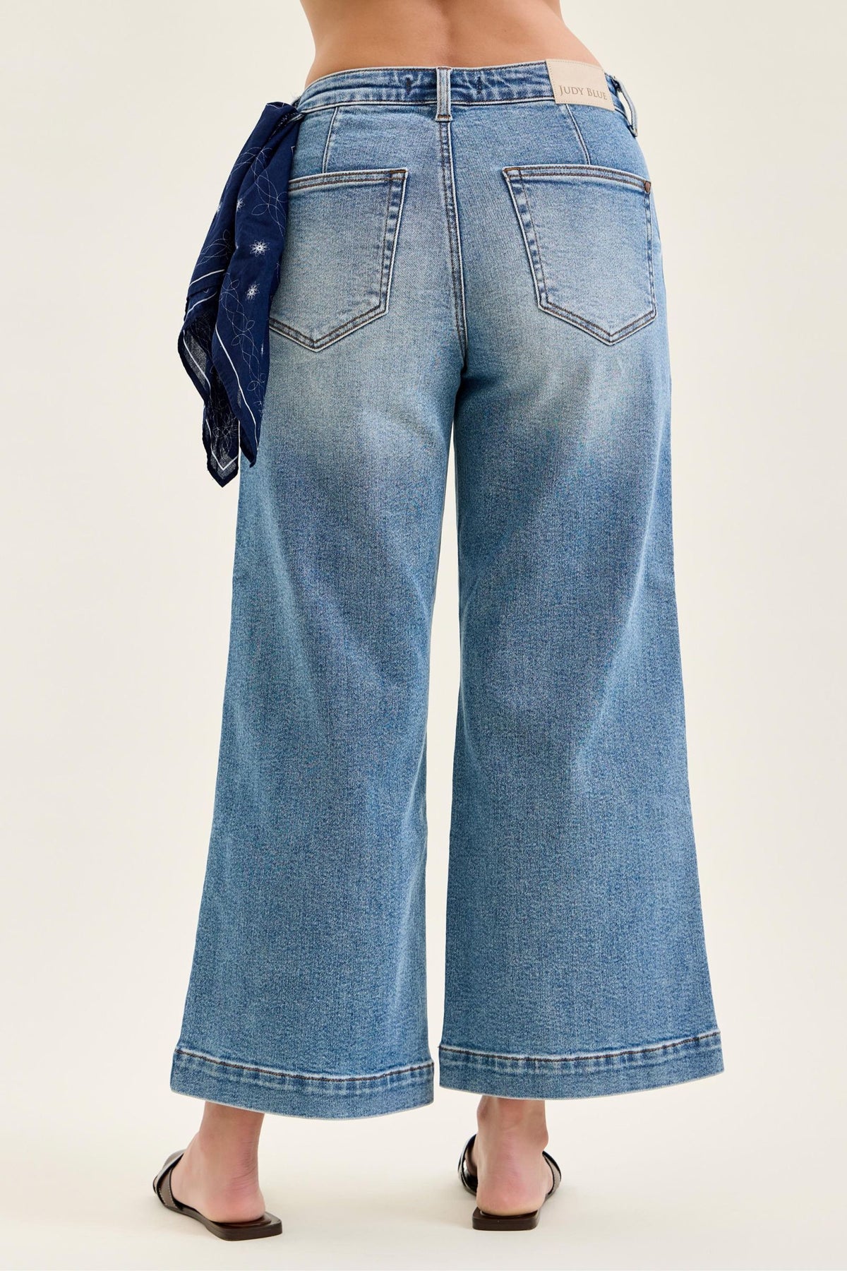 Judy Blue Mid Rise Vintage Indigo Ankle Wide with Back Darts and Bandana Loop, Inseam 28"