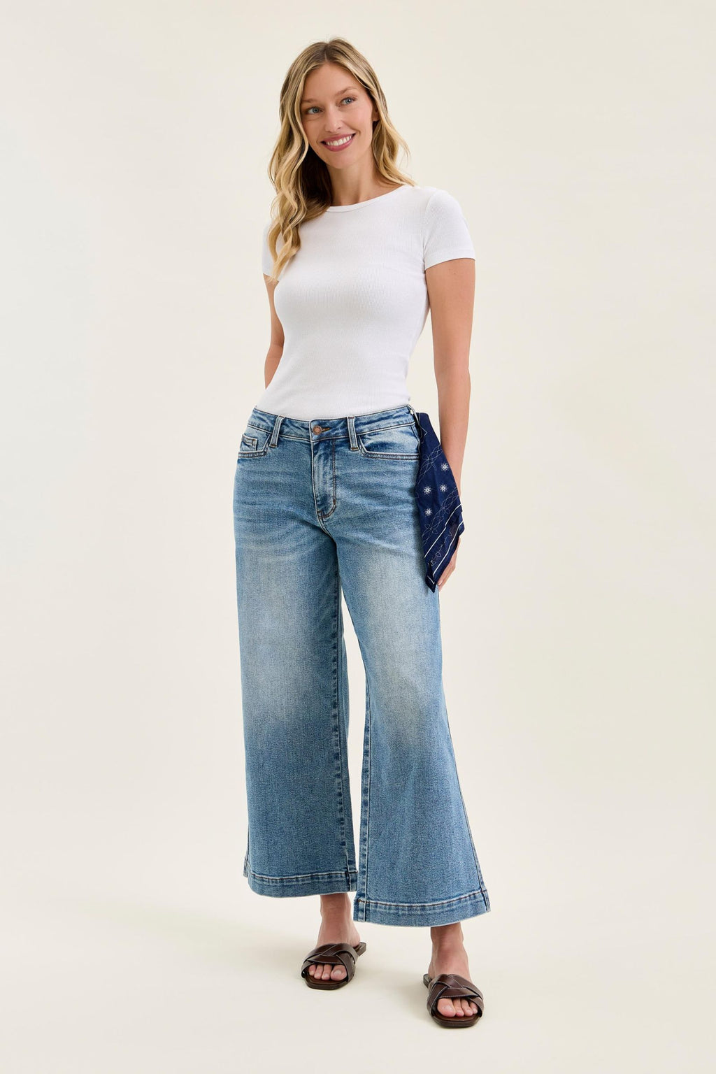 Judy Blue Mid Rise Vintage Indigo Ankle Wide with Back Darts and Bandana Loop, Inseam 28"