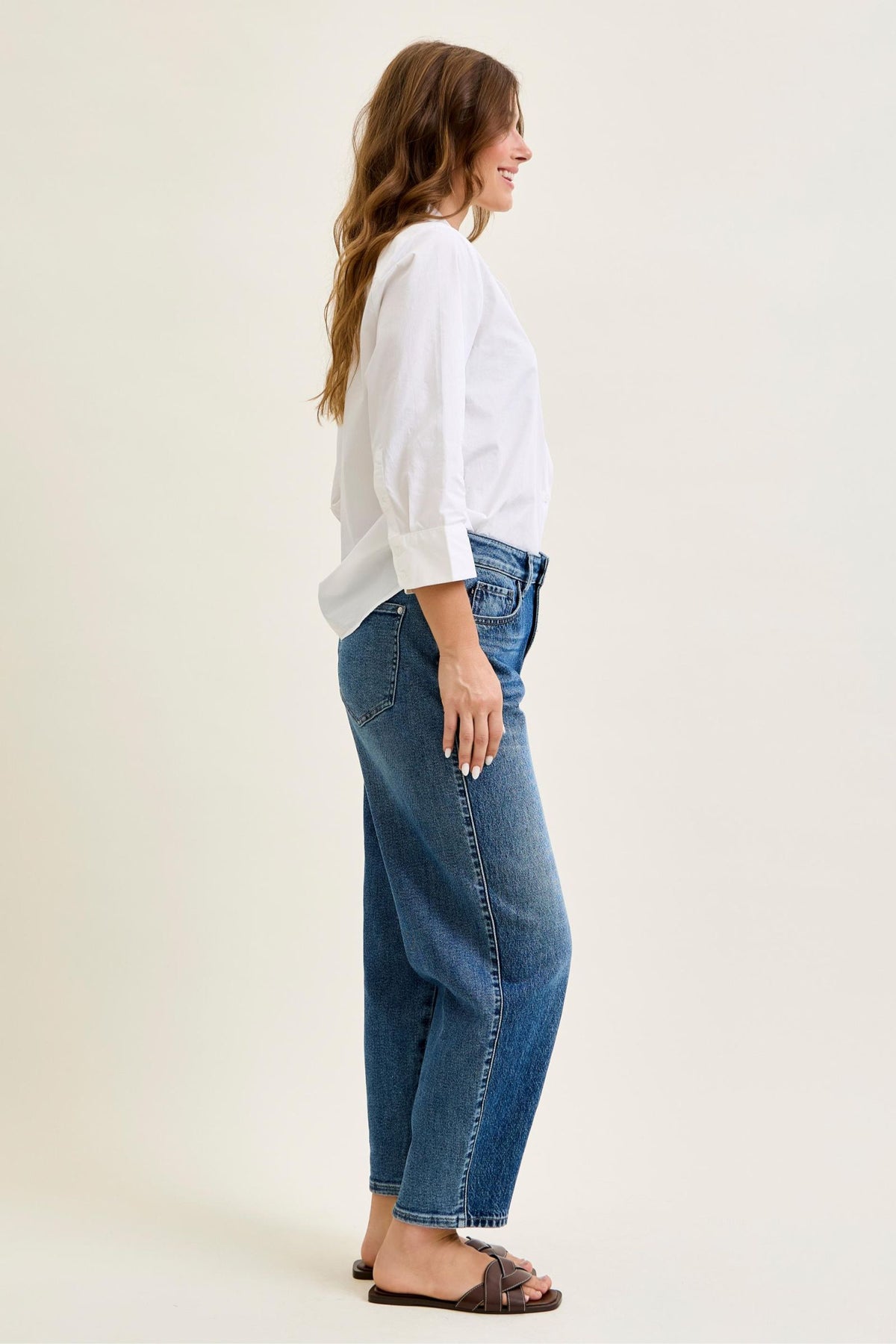 Judy Blue High Waist Rigid Magic Barrel Leg Jeans with Front Dart Detailing, Inseam 28"
