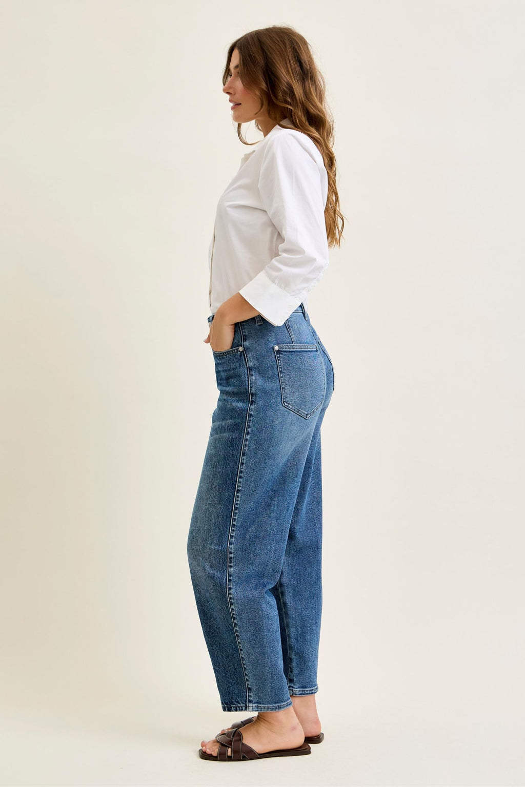 Judy Blue High Waist Rigid Magic Barrel Leg Jeans with Front Dart Detailing, Inseam 28"