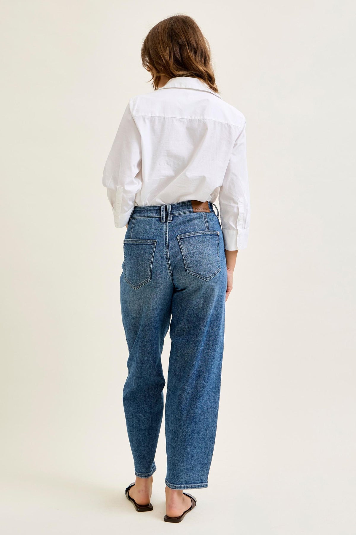 Judy Blue High Waist Rigid Magic Barrel Leg Jeans with Front Dart Detailing, Inseam 28"