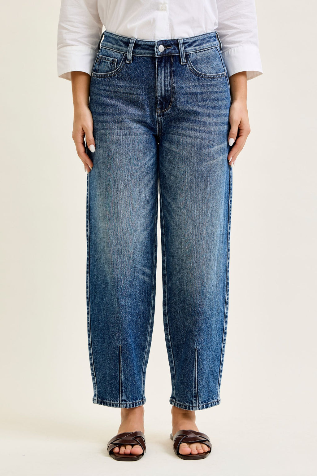 Judy Blue High Waist Rigid Magic Barrel Leg Jeans with Front Dart Detailing, Inseam 28"