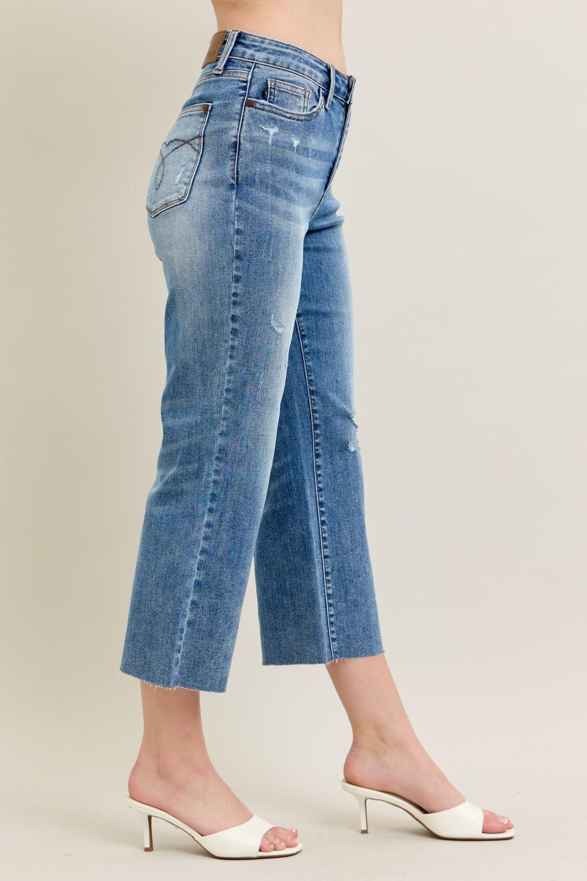 Judy Blue High Waist Back Pocket Embroidery Raw Cut Hem Crop Wide