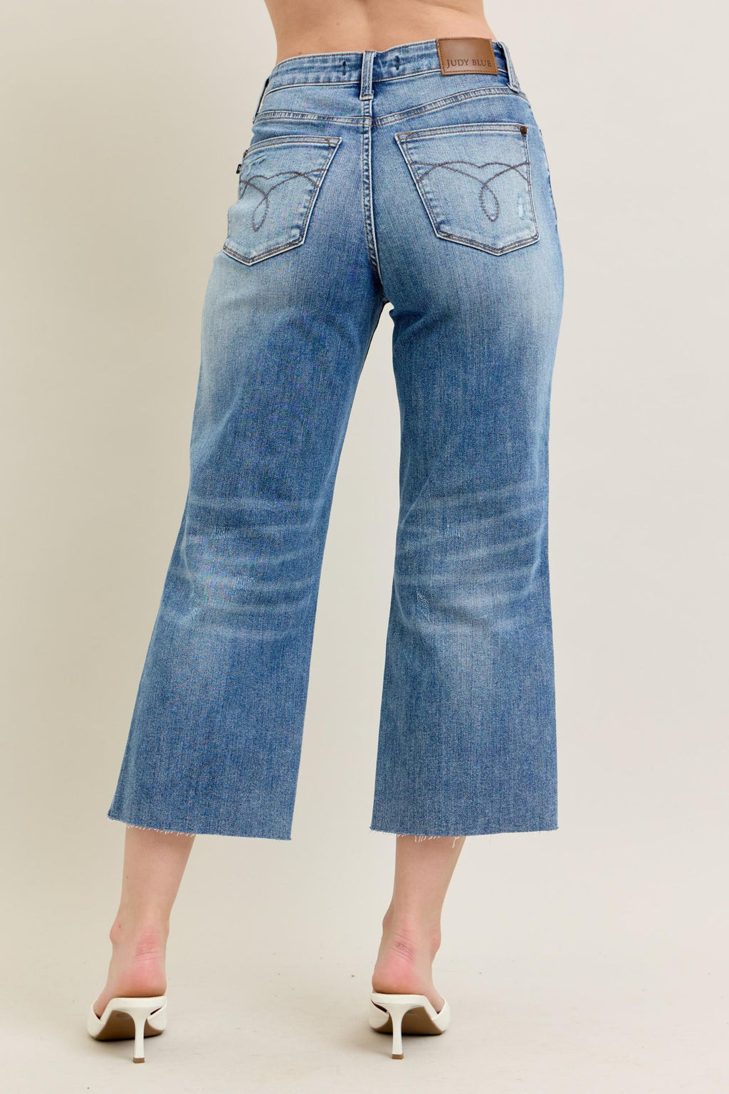 Judy Blue High Waist Back Pocket Embroidery Raw Cut Hem Crop Wide