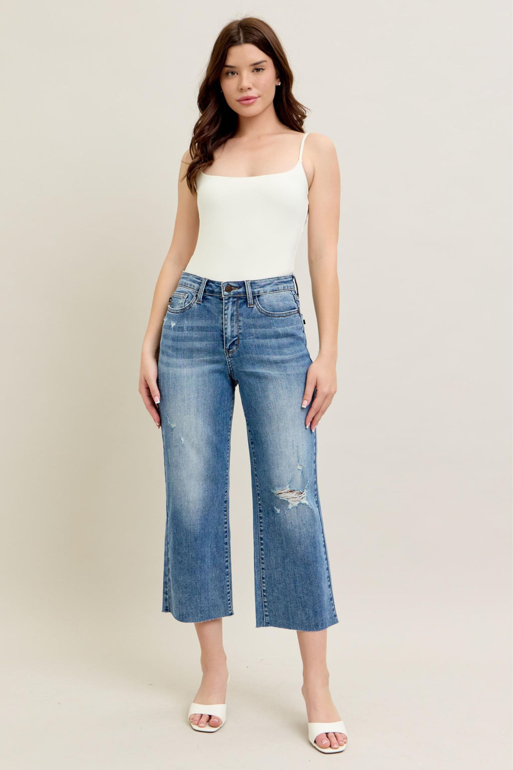 Judy Blue High Waist Back Pocket Embroidery Raw Cut Hem Crop Wide