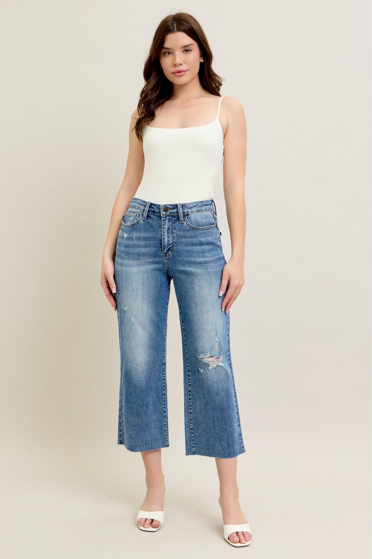 Judy Blue High Waist Back Pocket Embroidery Raw Cut Hem Crop Wide