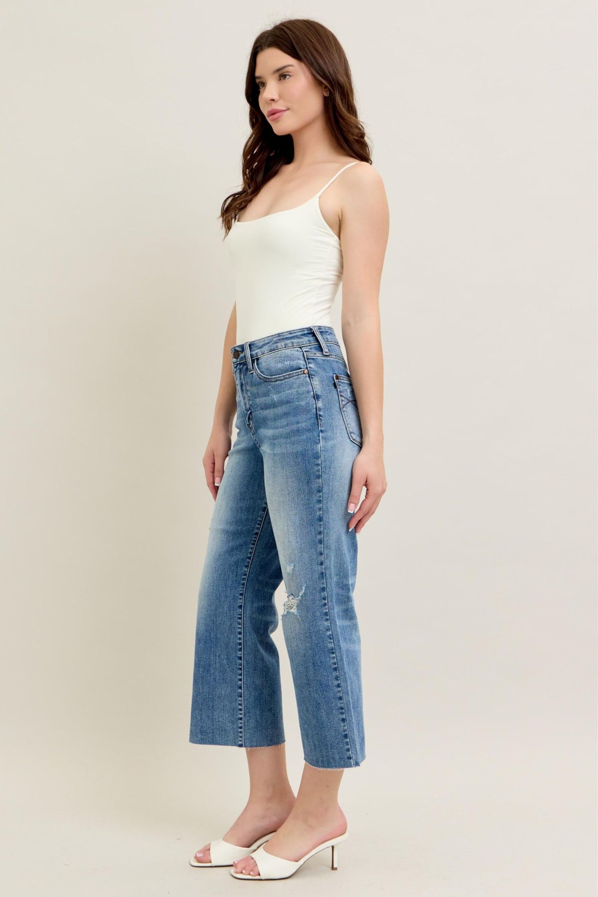 Judy Blue High Waist Back Pocket Embroidery Raw Cut Hem Crop Wide