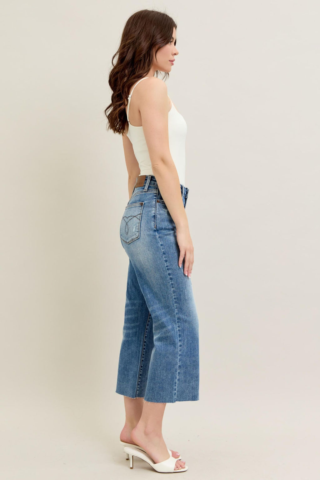 Judy Blue High Waist Back Pocket Embroidery Raw Cut Hem Crop Wide