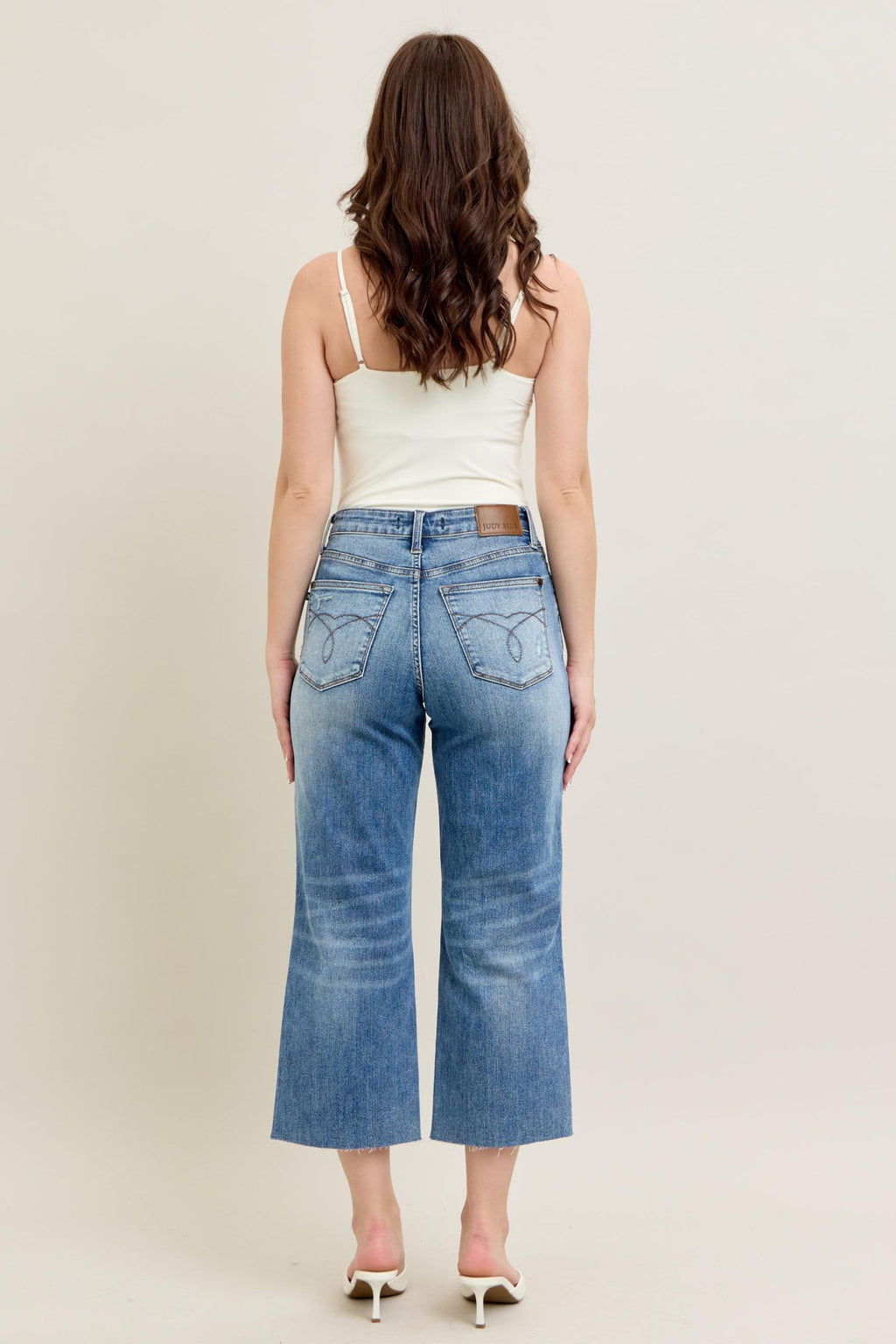 Judy Blue High Waist Back Pocket Embroidery Raw Cut Hem Crop Wide