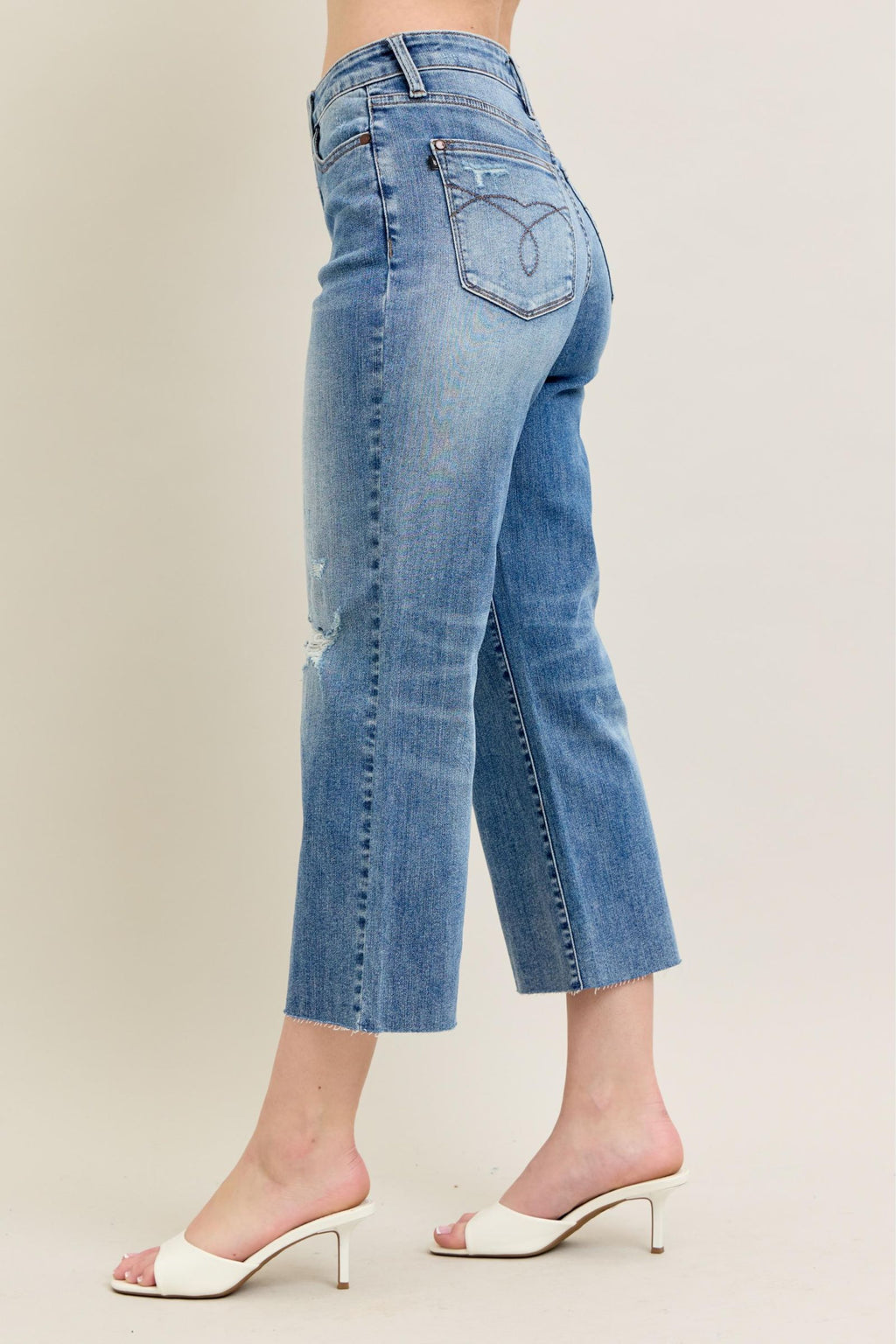 Judy Blue High Waist Back Pocket Embroidery Raw Cut Hem Crop Wide