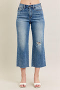 Judy Blue High Waist Back Pocket Embroidery Raw Cut Hem Crop Wide