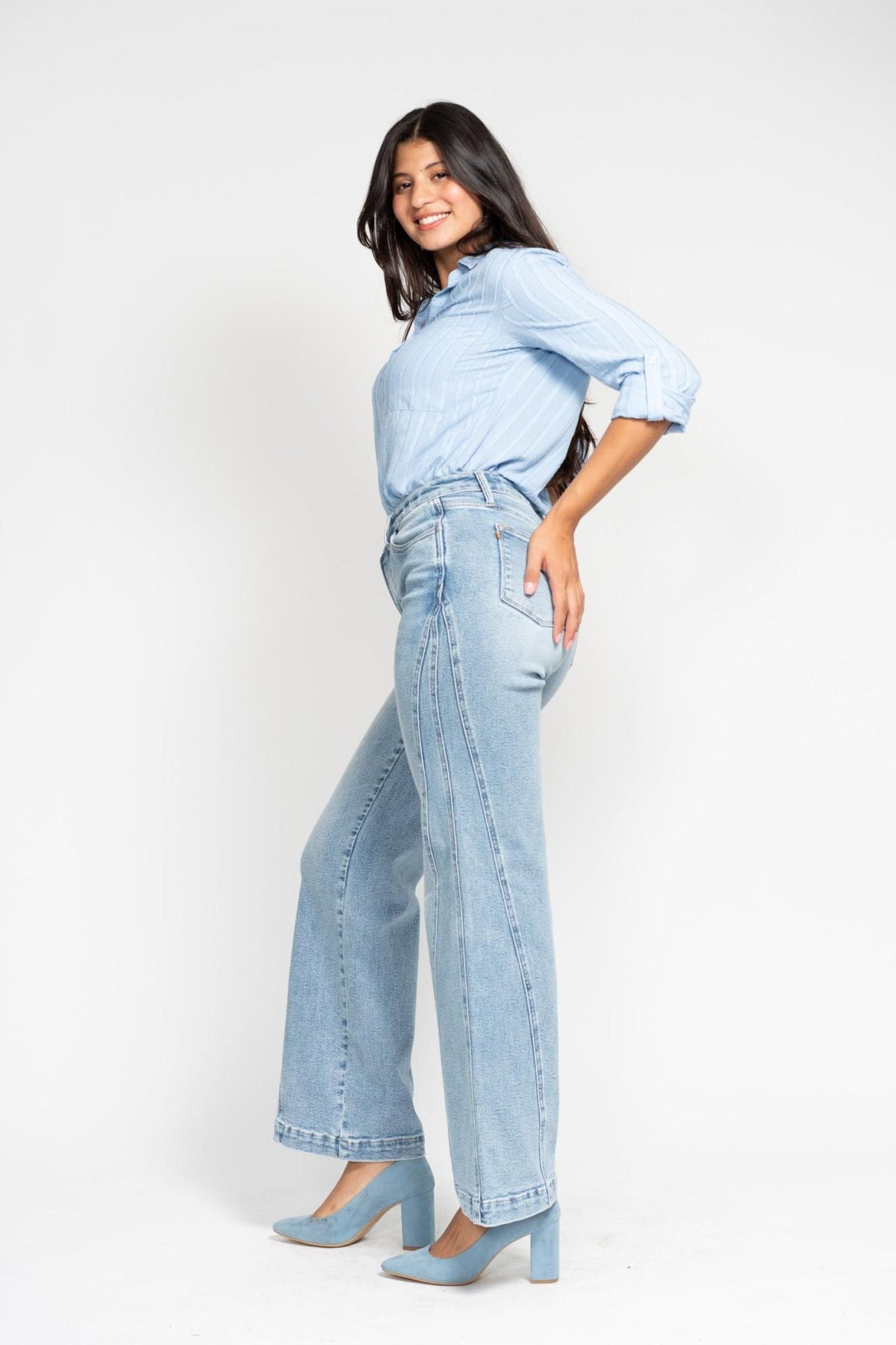 Judy Blue High Waist Light Indigo Retro Side Seam Wide Leg, 32" Inseam