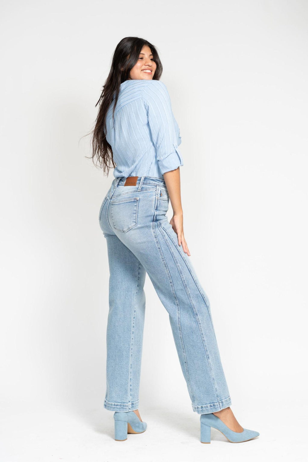 Judy Blue High Waist Light Indigo Retro Side Seam Wide Leg, 32" Inseam