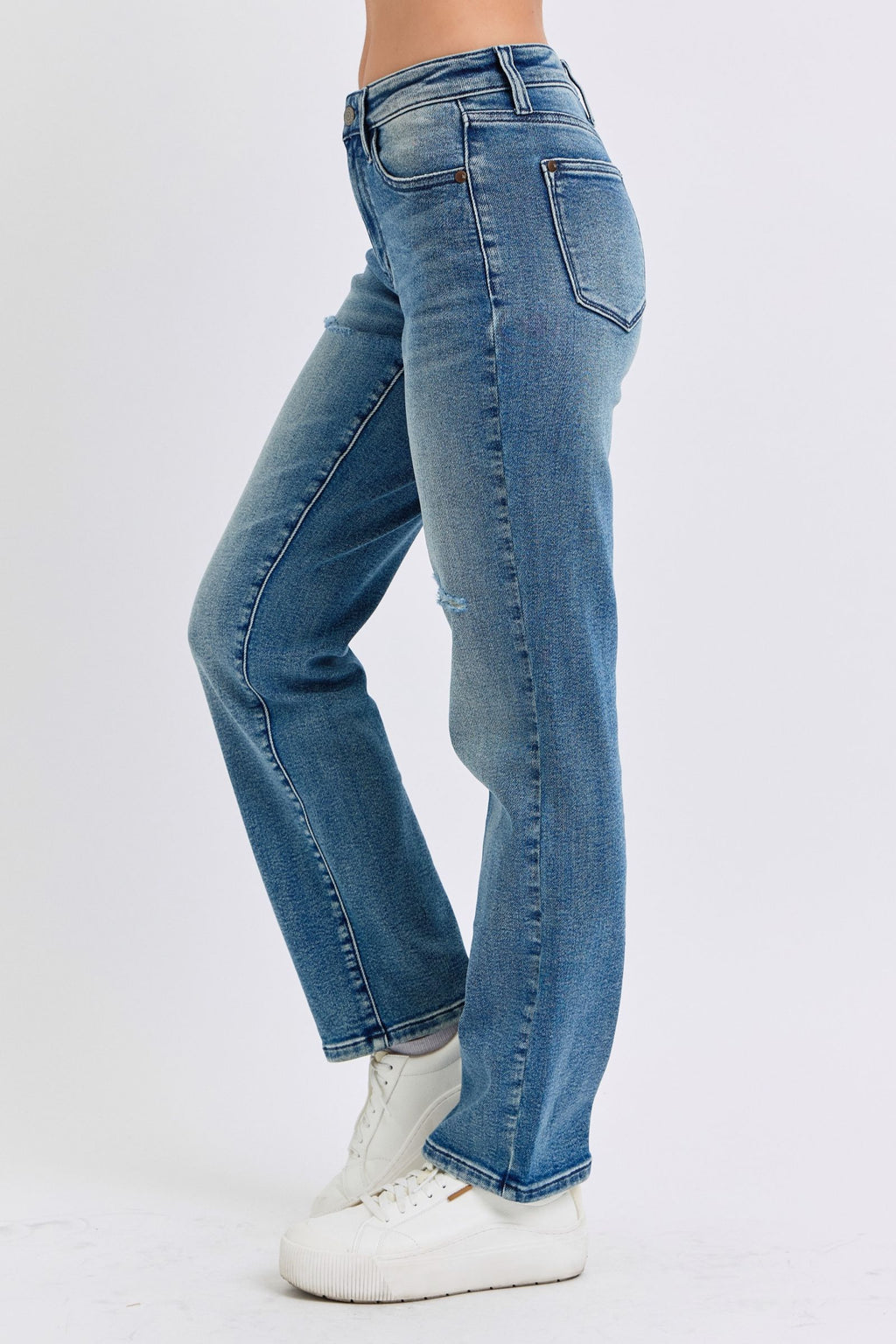 Judy Blue Mid Rise Contrast Wash Destroyed Dad Jeans, 32" Inseam