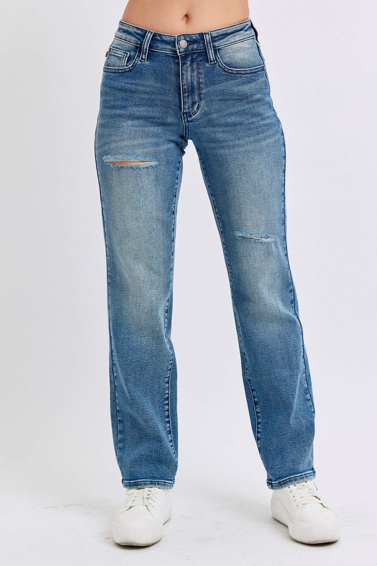 Judy Blue Mid Rise Contrast Wash Destroyed Dad Jeans, 32" Inseam