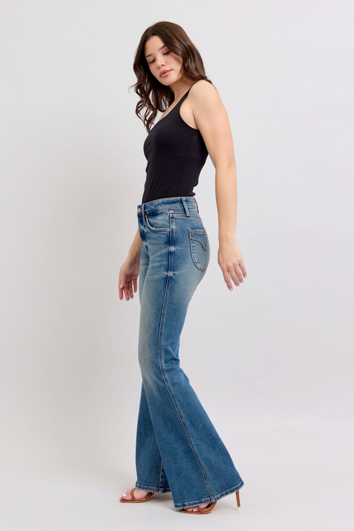 Judy Blue Mid Rise Tummy Control Vintage Wash Back Shield Pocket Flare, Inseam 33"