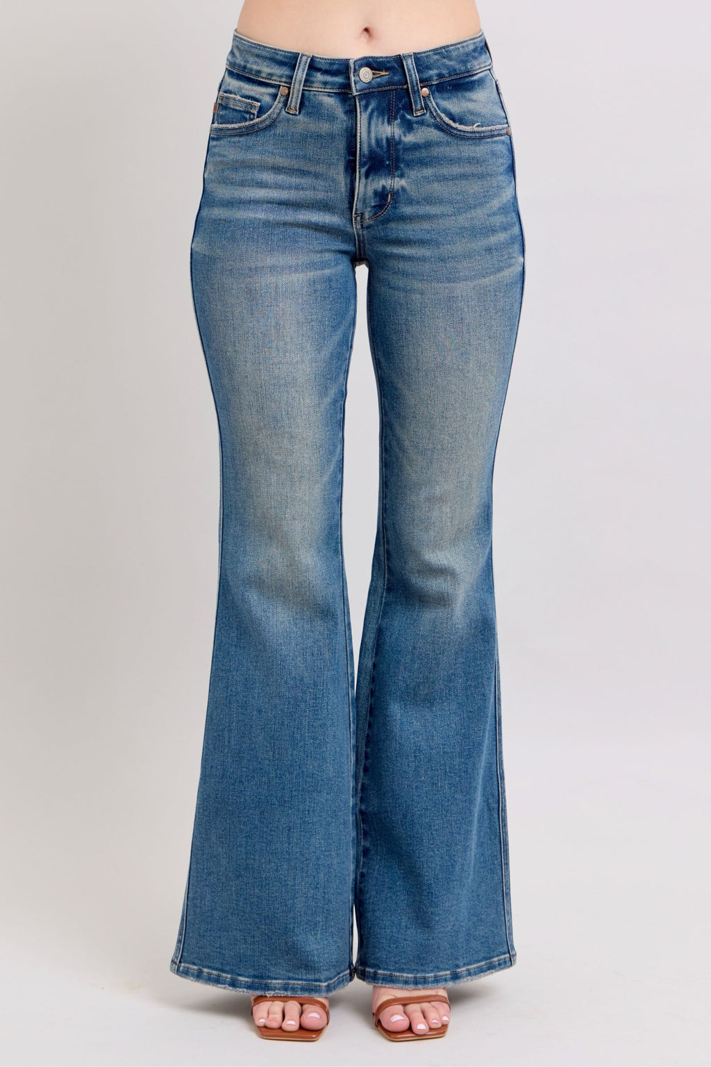 Judy Blue Mid Rise Tummy Control Vintage Wash Back Shield Pocket Flare, Inseam 33"