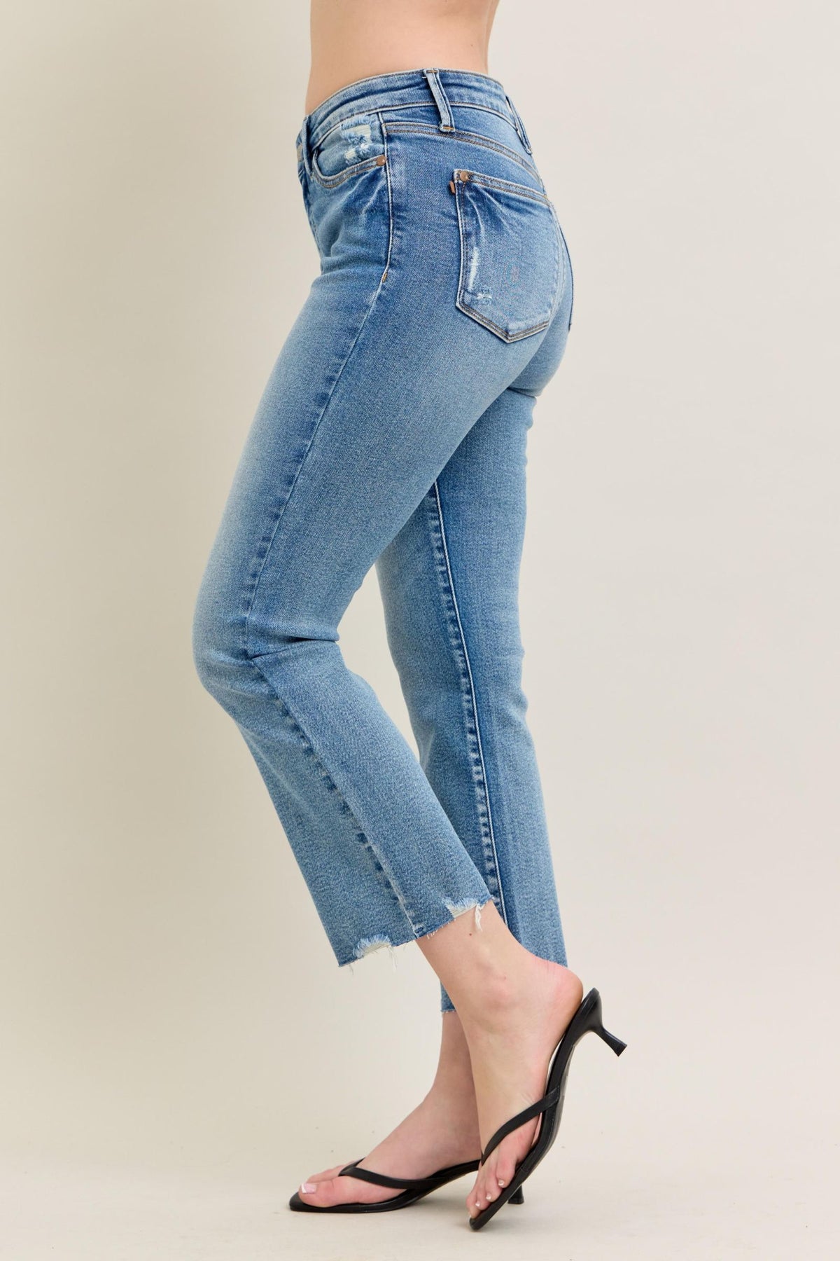 Judy Blue Mid Rise Vintage Wash Destroy Hem Kick Flare, Inseam 27"