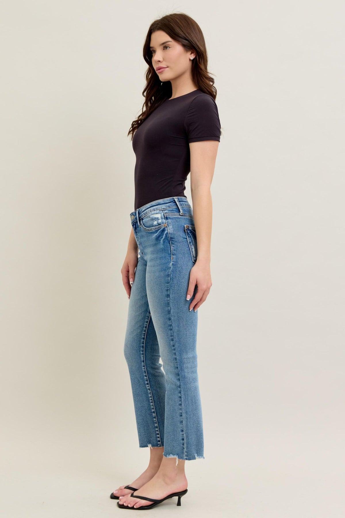 Judy Blue Mid Rise Vintage Wash Destroy Hem Kick Flare, Inseam 27"