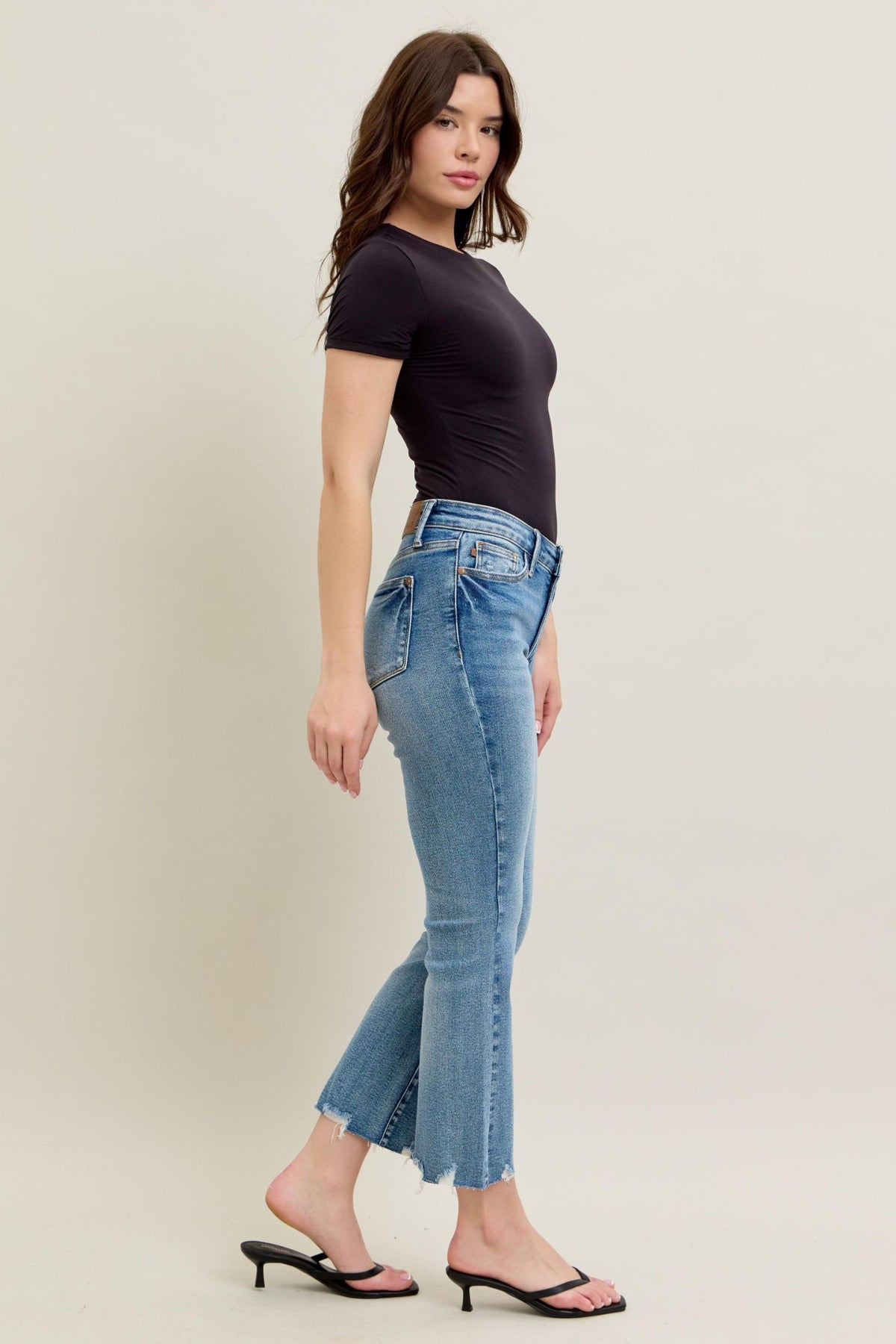 Judy Blue Mid Rise Vintage Wash Destroy Hem Kick Flare, Inseam 27"