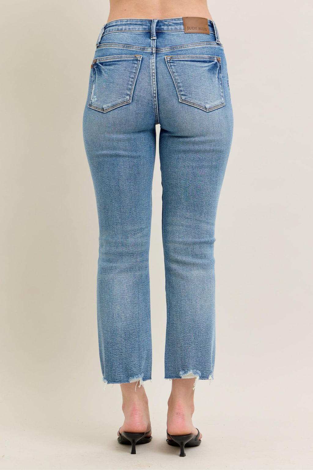 Judy Blue Mid Rise Vintage Wash Destroy Hem Kick Flare, Inseam 27"