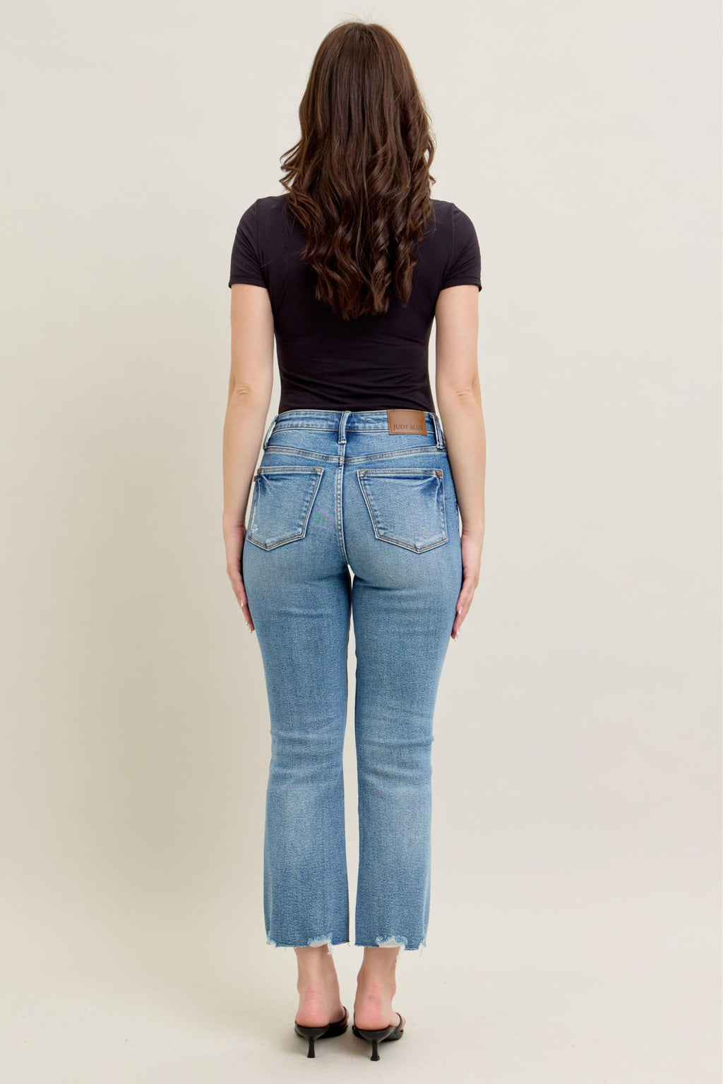 Judy Blue Mid Rise Vintage Wash Destroy Hem Kick Flare, Inseam 27"