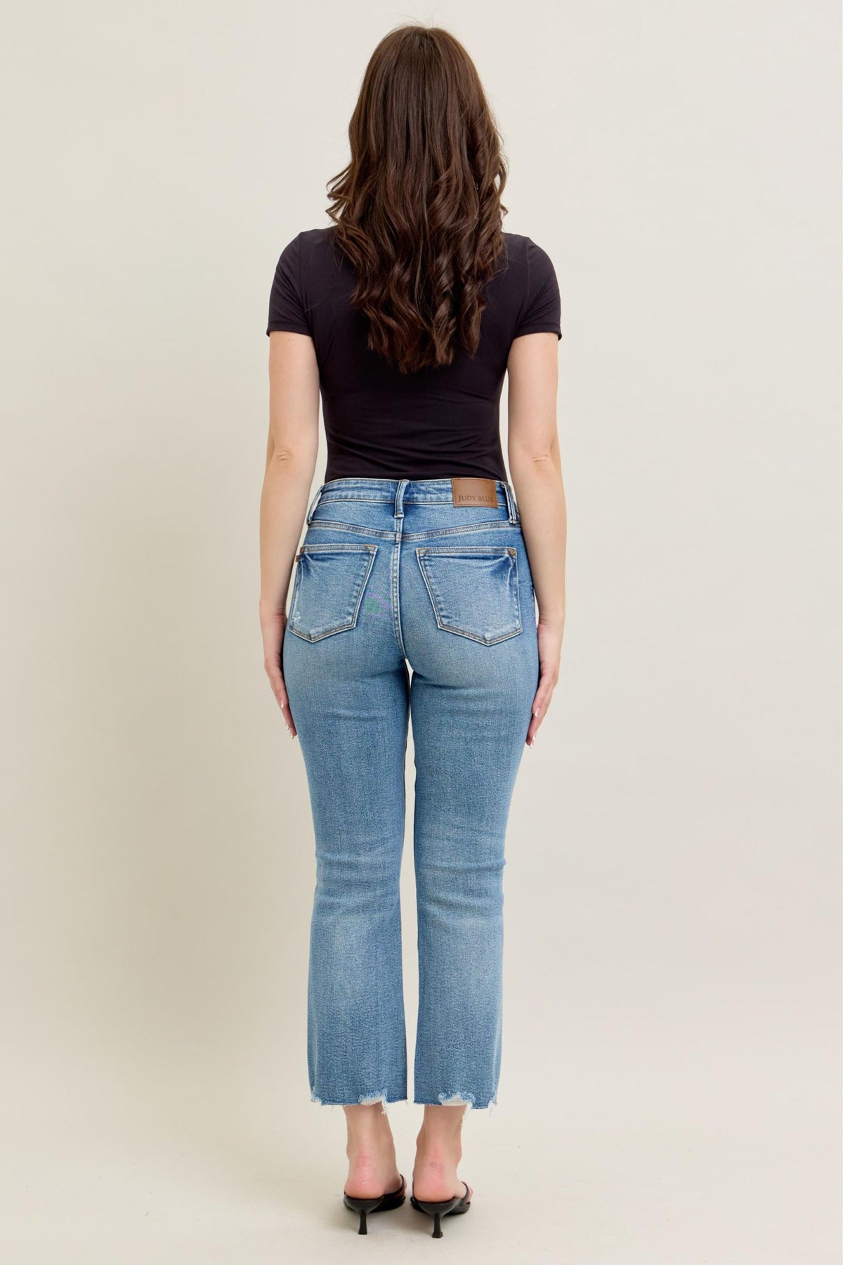 Judy Blue Mid Rise Vintage Wash Destroy Hem Kick Flare, Inseam 27"