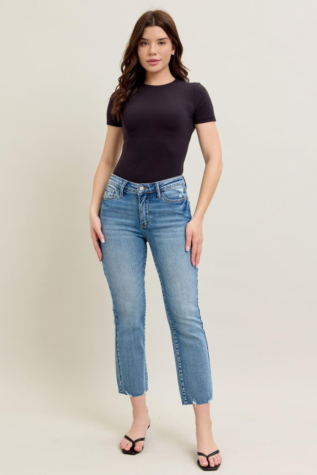 Judy Blue Mid Rise Vintage Wash Destroy Hem Kick Flare, Inseam 27"