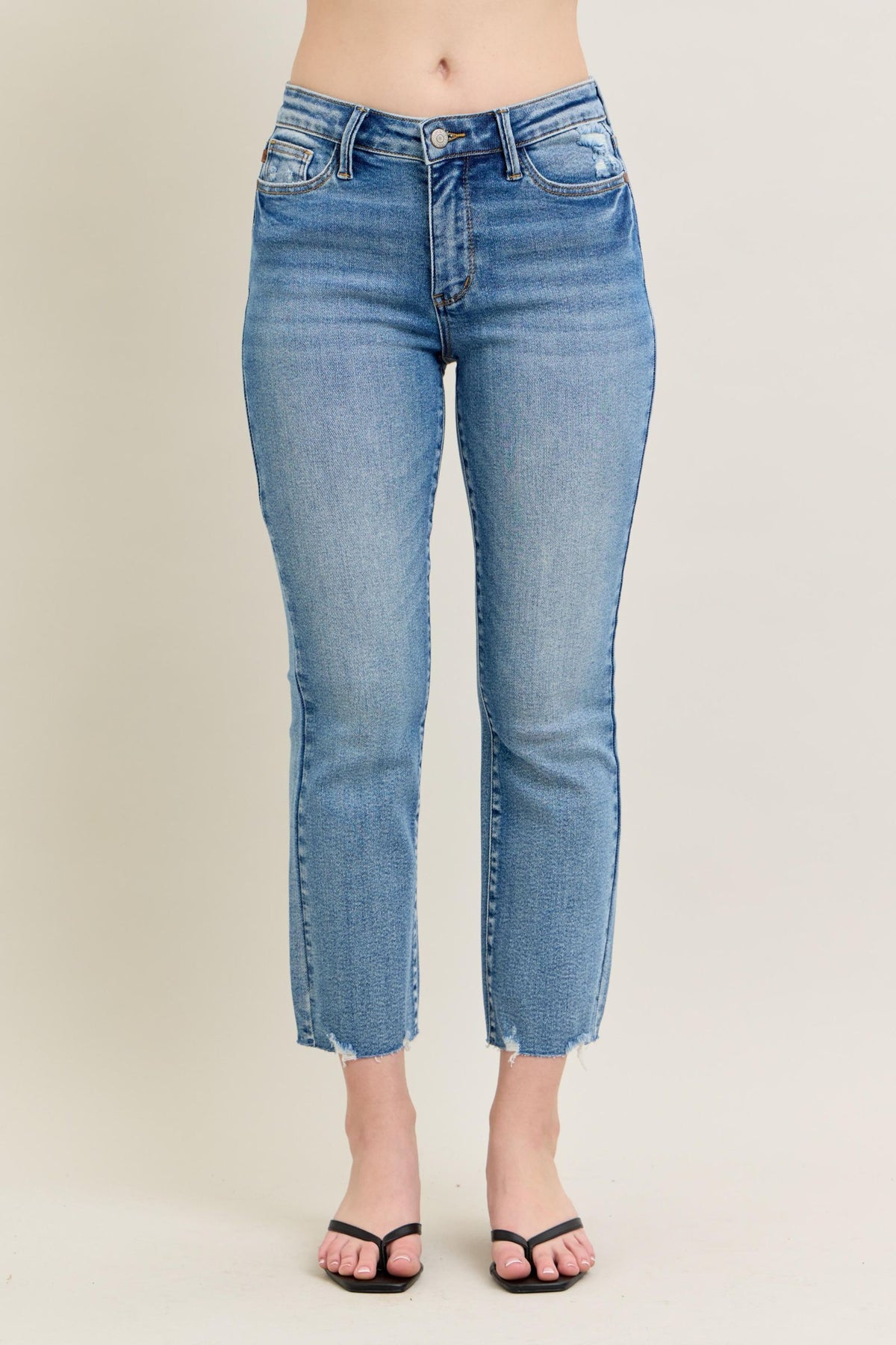 Judy Blue Mid Rise Vintage Wash Destroy Hem Kick Flare, Inseam 27"