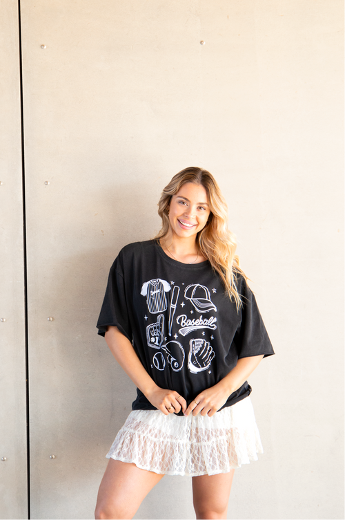 Baseball on Black Boxy Tee