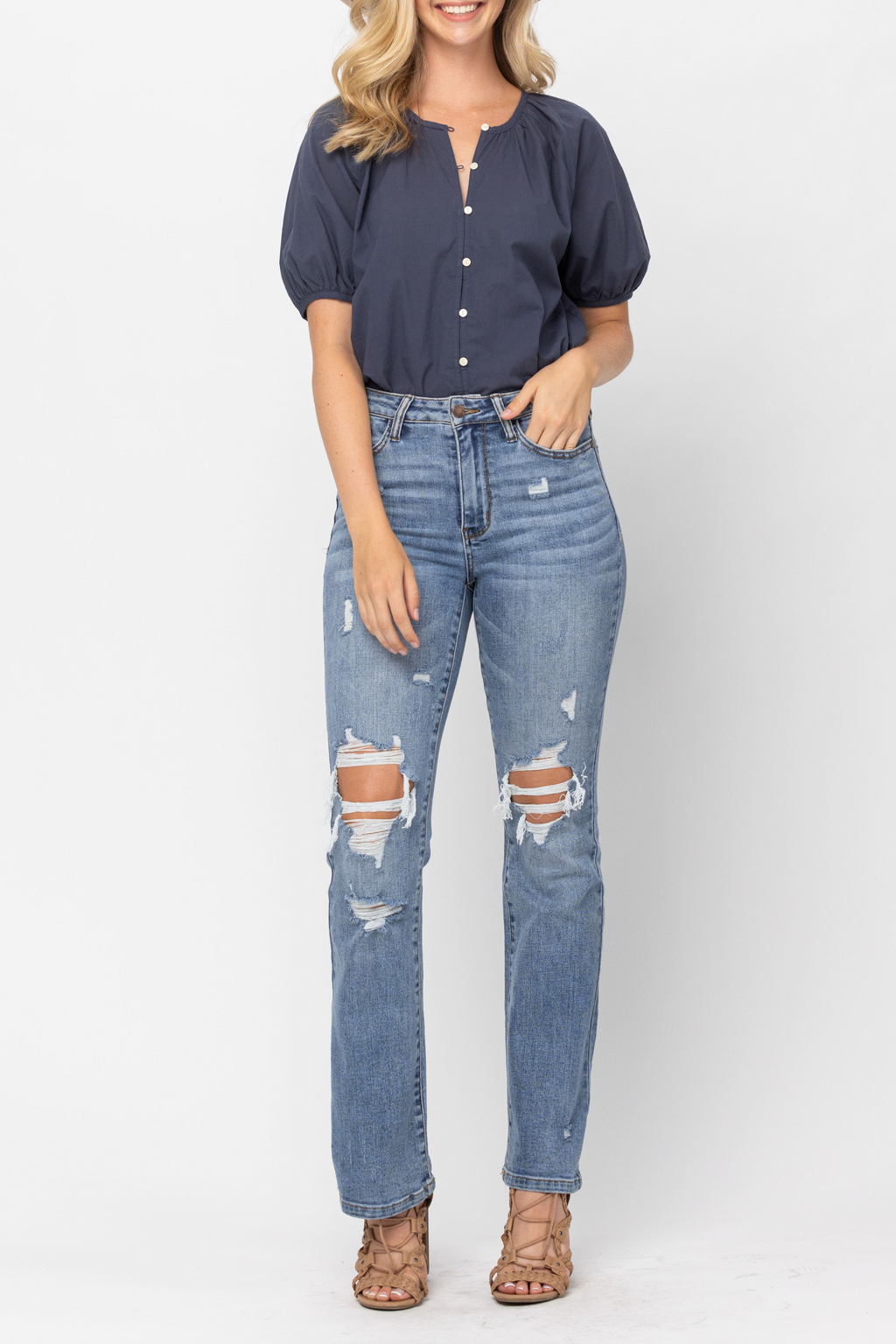 Judy Blue High Waist Stone Wash Destroyed Bootcut