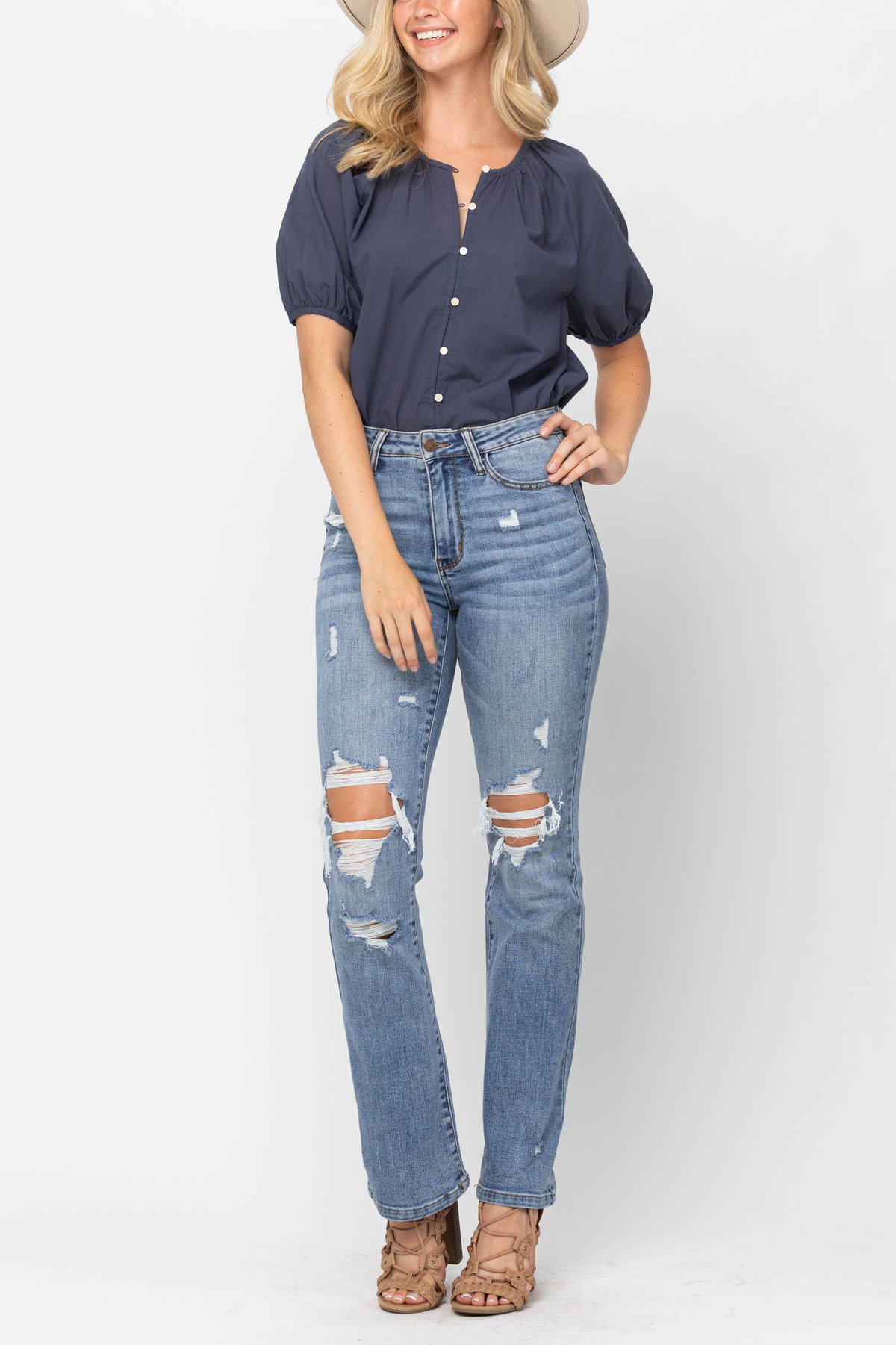 Judy Blue High Waist Stone Wash Destroyed Bootcut