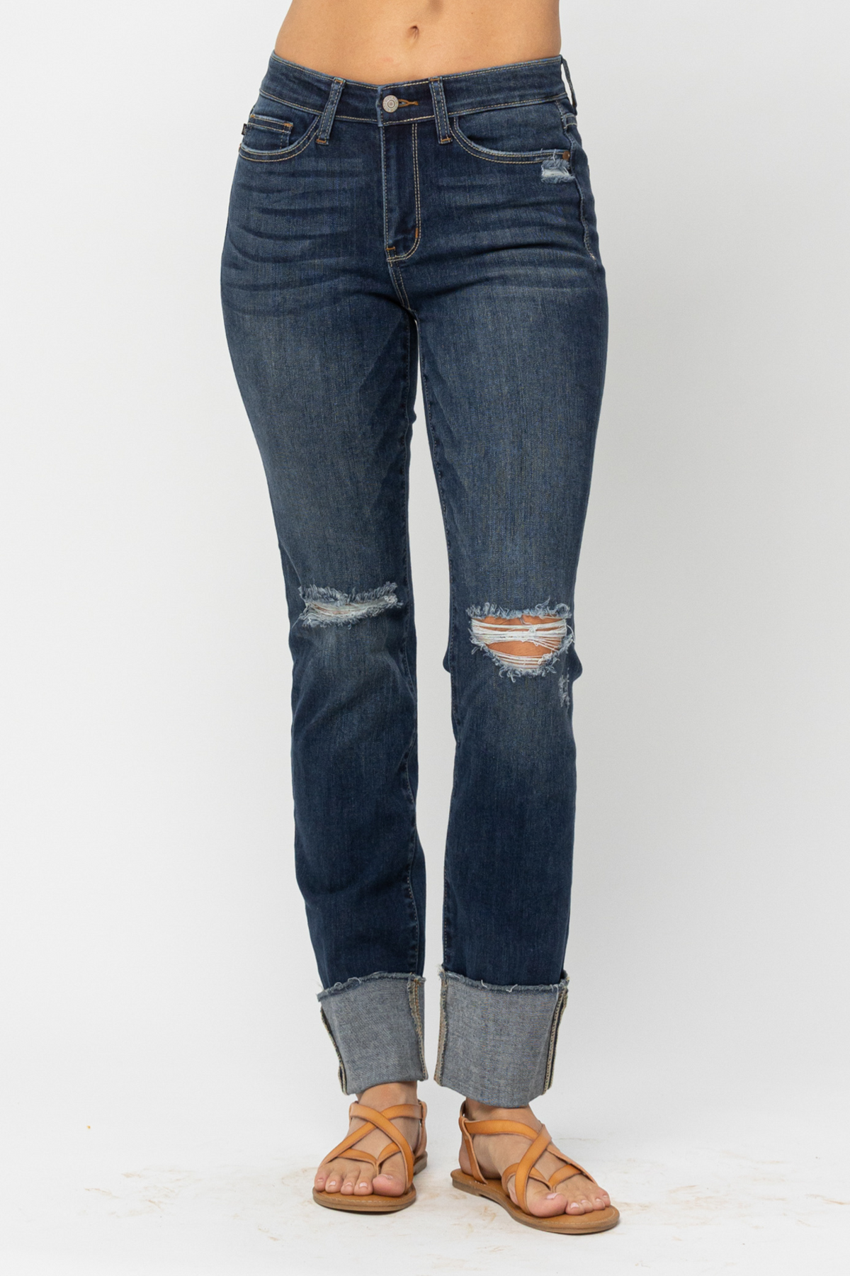 Judy Blue Mid Rise 4" Cuff Minimal Destroy Straight