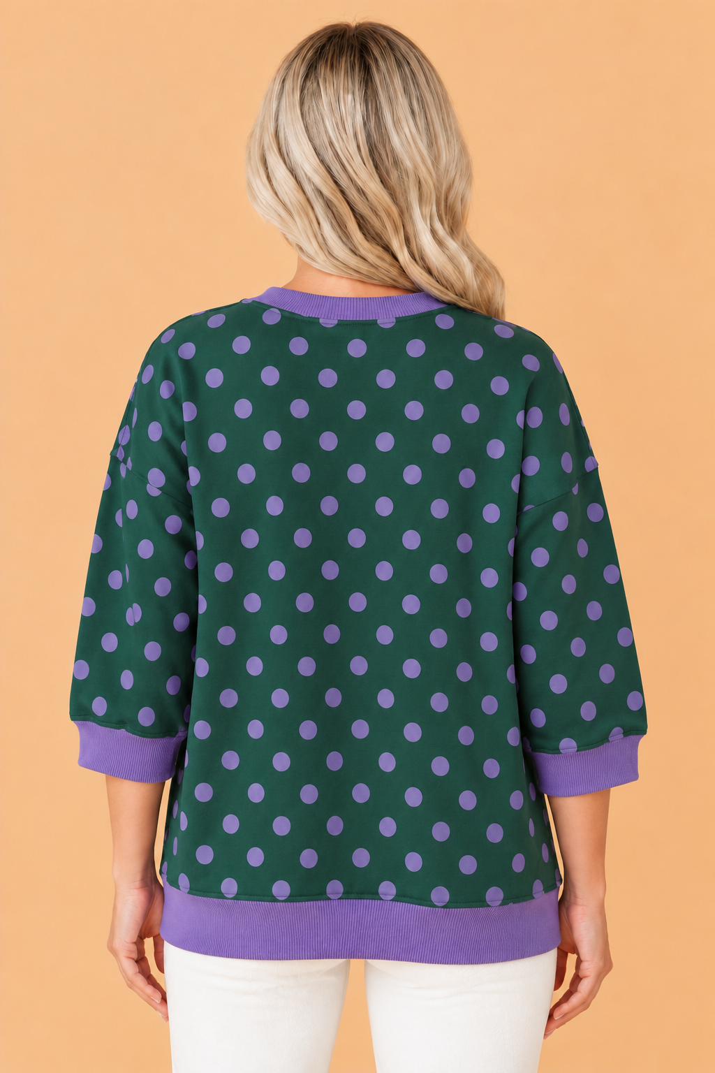 Polka Dot Contrast Trim 3/4 Sleeve Top