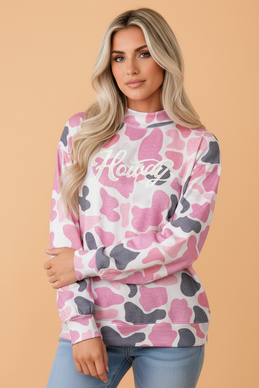 Western Camo Howdy Graphic Mock Neck Sweatshirt