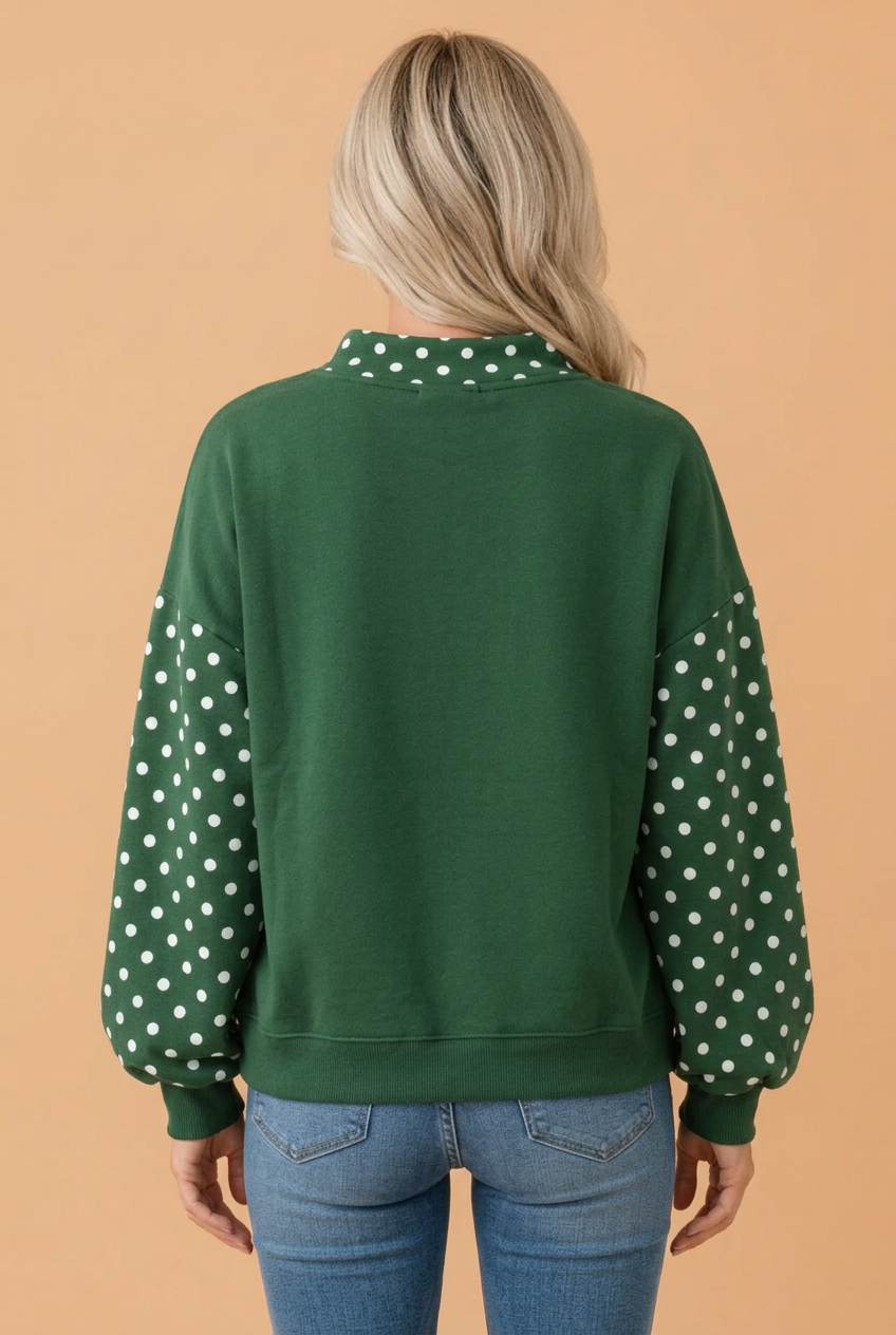 Polka Dot Patchwork Mock Neck Baggy Sweatshirt