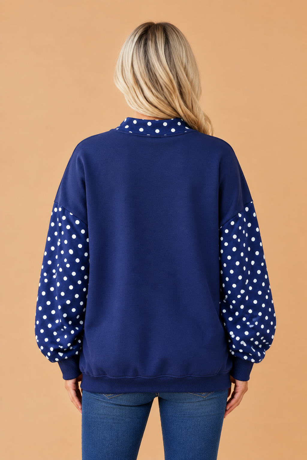 Polka Dot Patchwork Mock Neck Baggy Sweatshirt