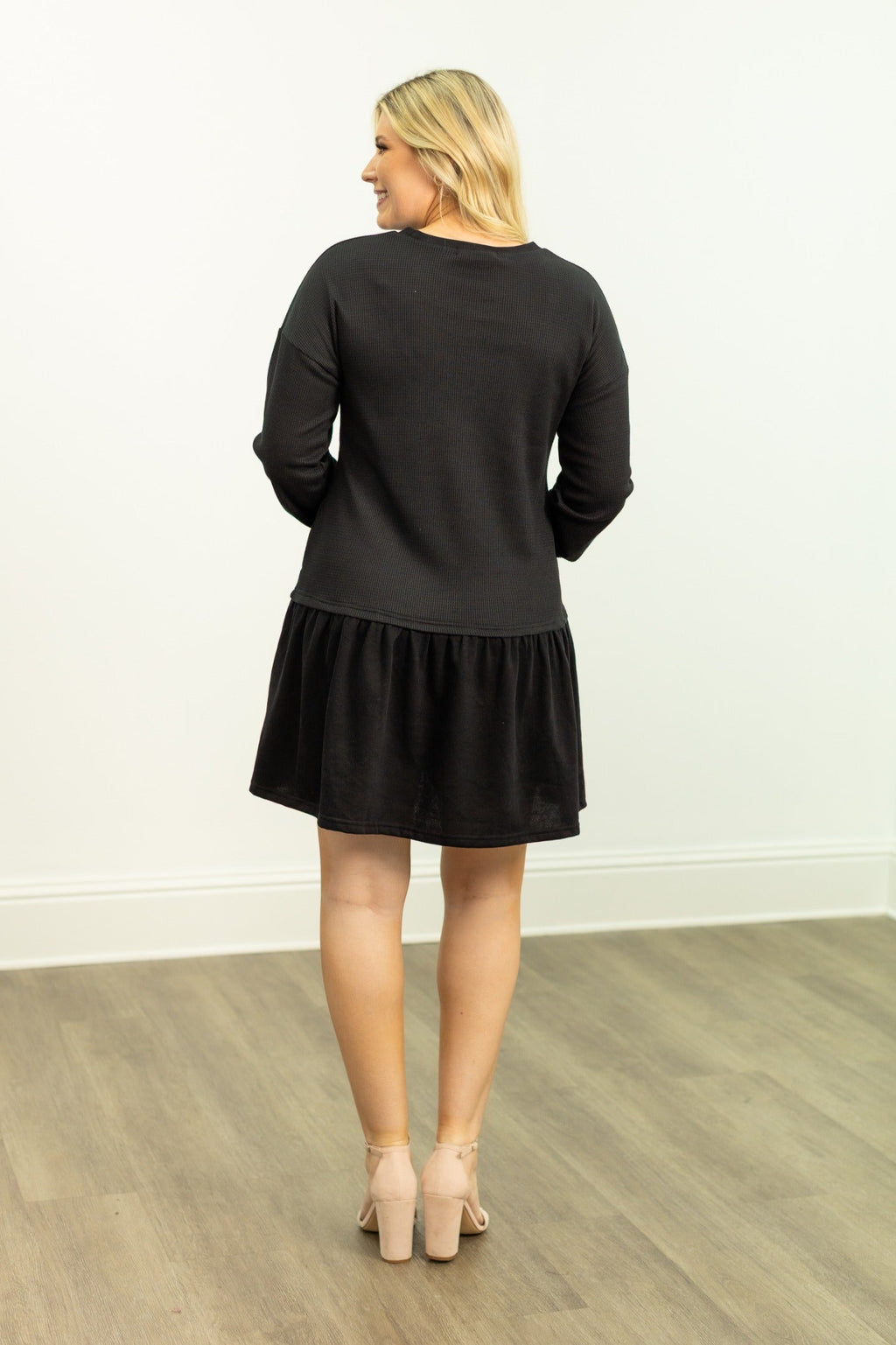 Waffle Knit Long-Sleeve Dress, Black