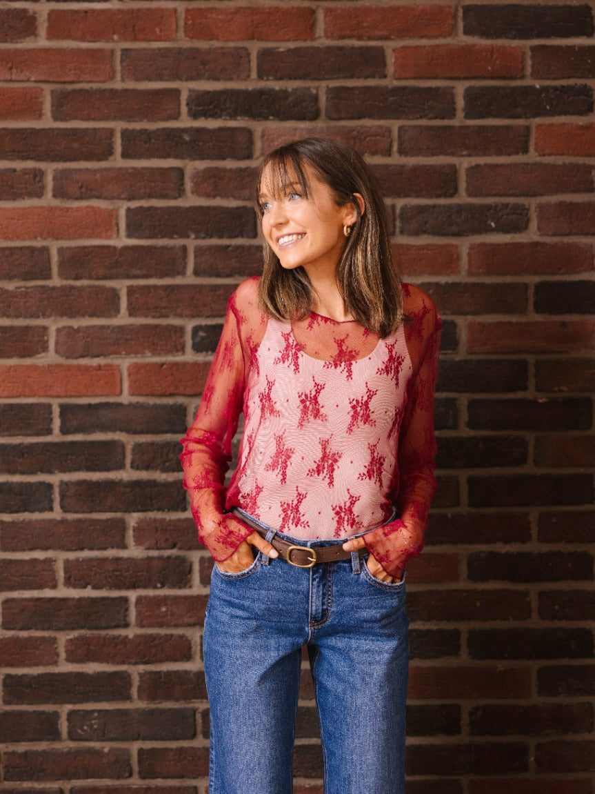Lace Long-sleeve Top, Red