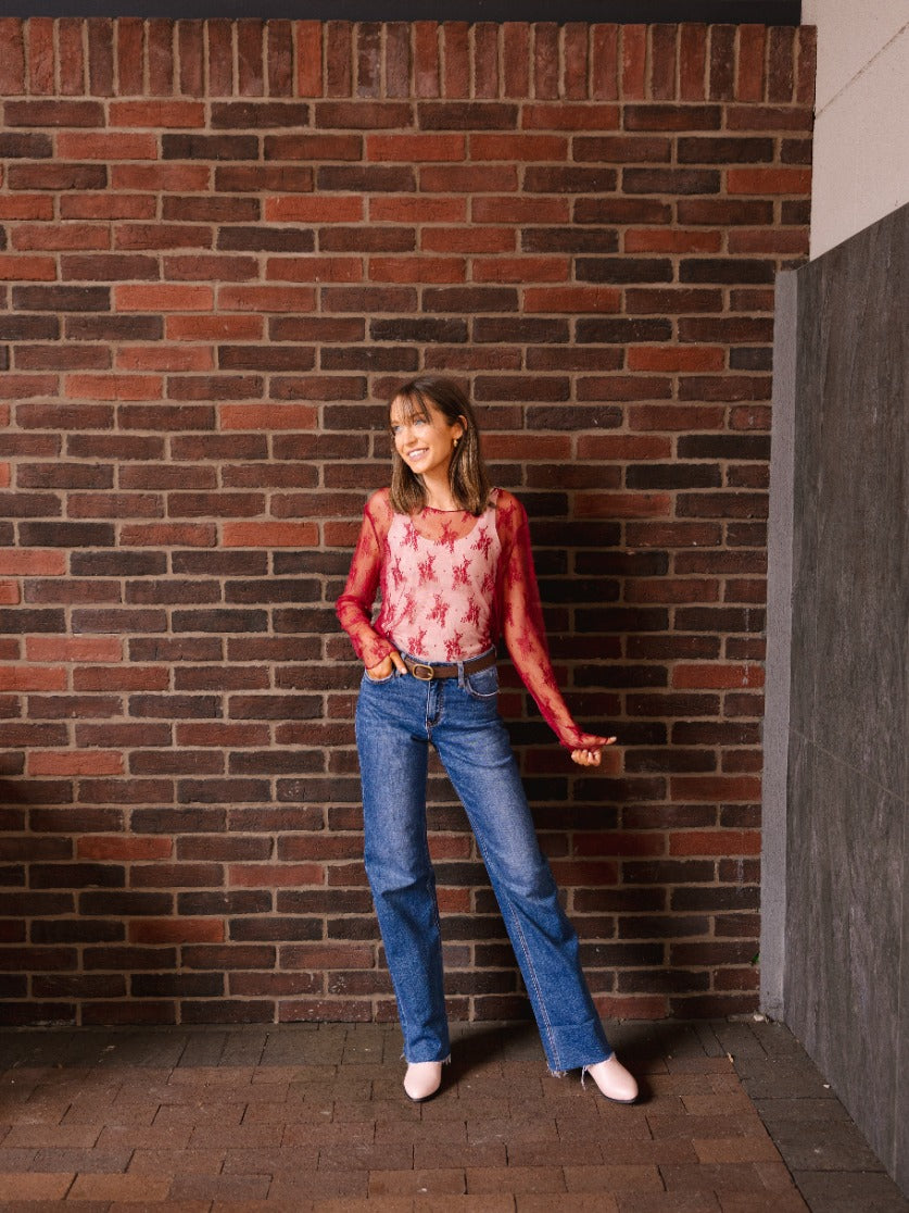 Lace Long-sleeve Top, Red