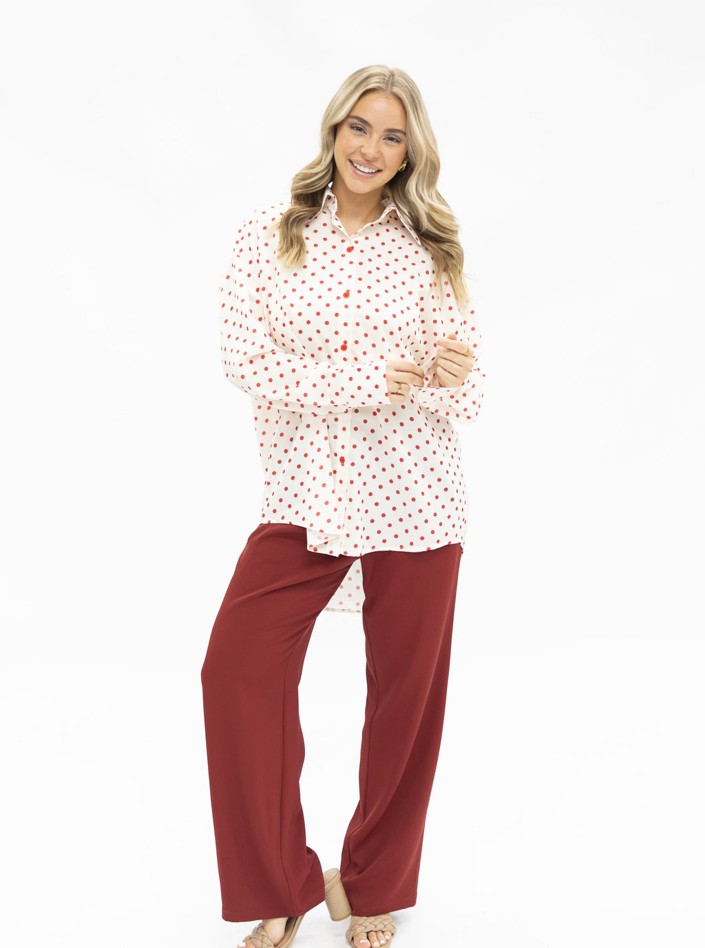 Kathryn Classic Button-Up, Red Polka-Dot