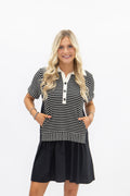 Striped Knit Top with Attached Skirt, Black