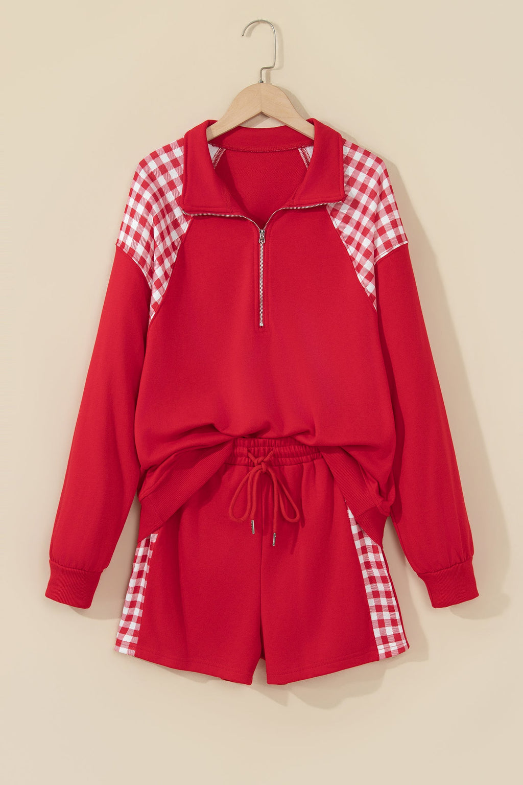 Gingham Patchwork Half-Zip Pullover & Shorts Set